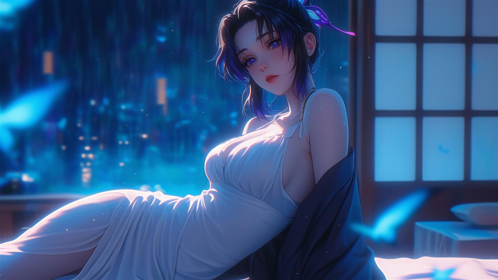 Shinobu Kocho resting in modern hotel room with neon lights and moonlight