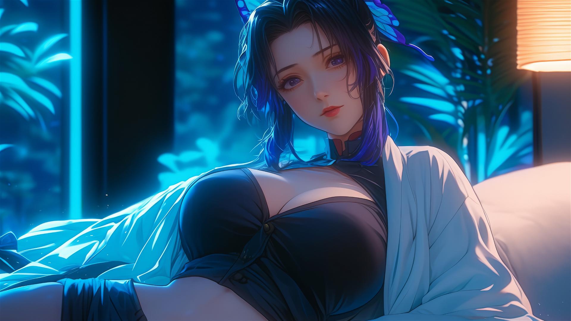 Shinobu Kocho from Demon Slayer resting in modern hotel room with moonlight