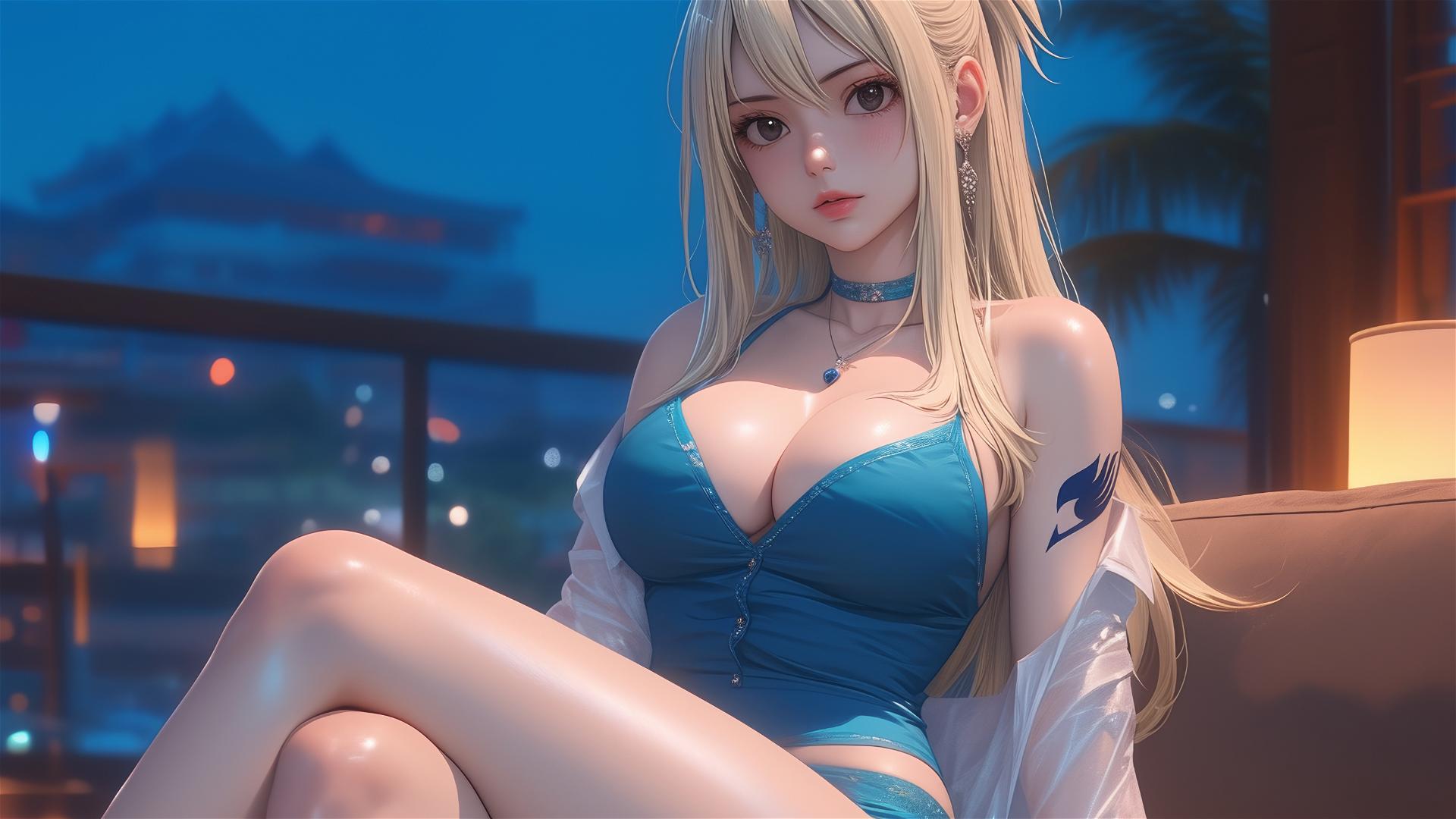 Lucy Heartfilia resting in a modern hotel room with moonlight glow