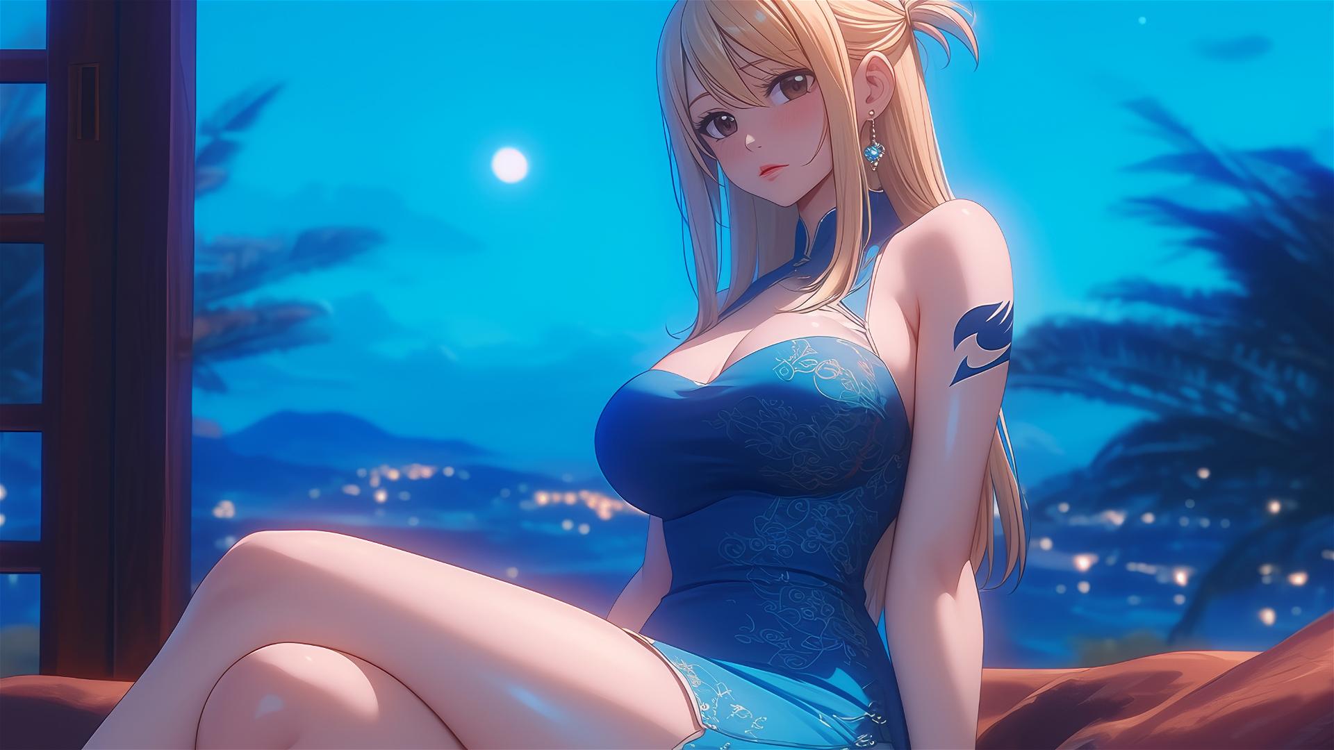 Lucy Heartfilia resting in a modern hotel room with moonlight glow