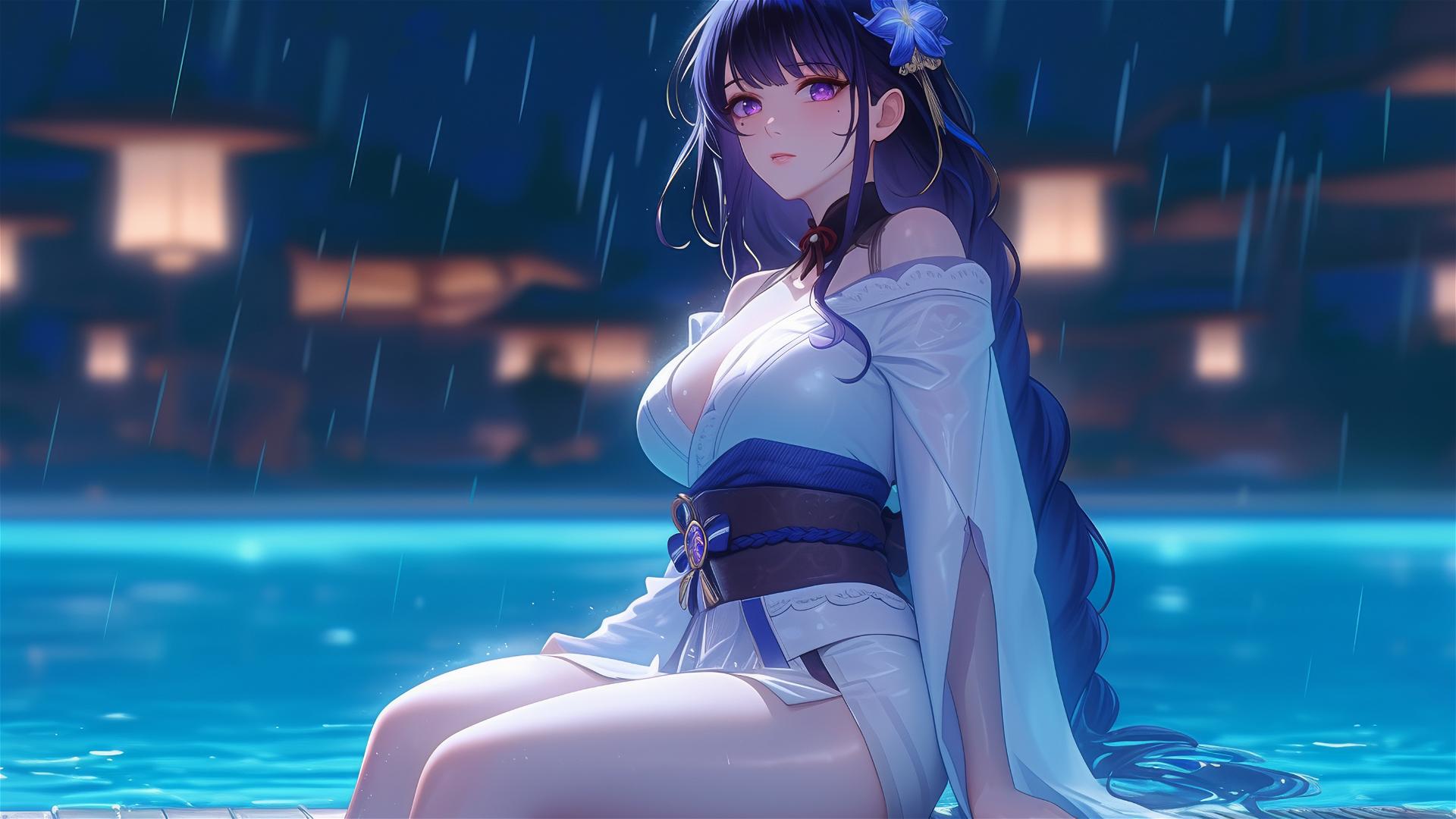 Raiden Shogun resting by a rainy swimming pool with moonlight glow