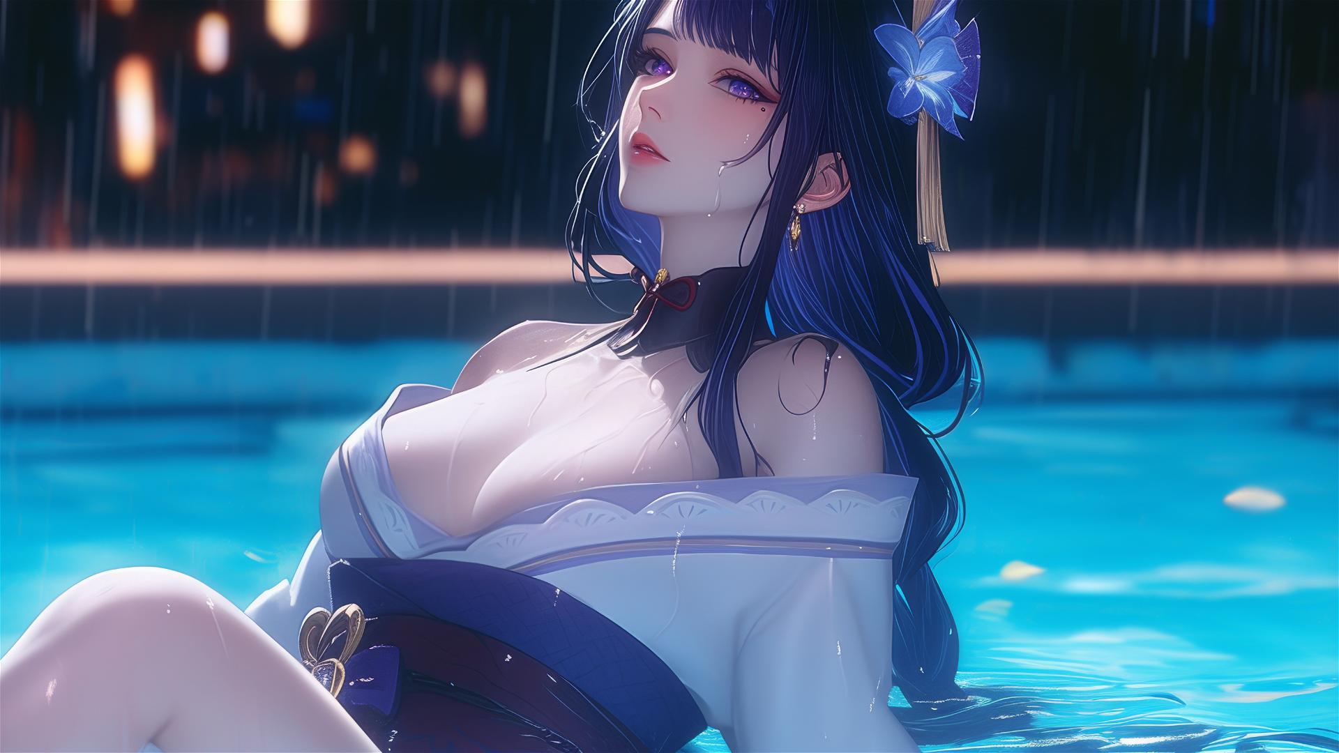Raiden Shogun from Genshin Impact resting by a rainy swimming pool under moonlight.