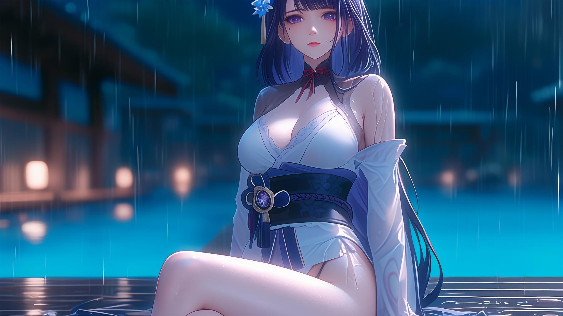 Raiden Shogun from Genshin Impact resting at a rainy swimming pool under moonlight.
