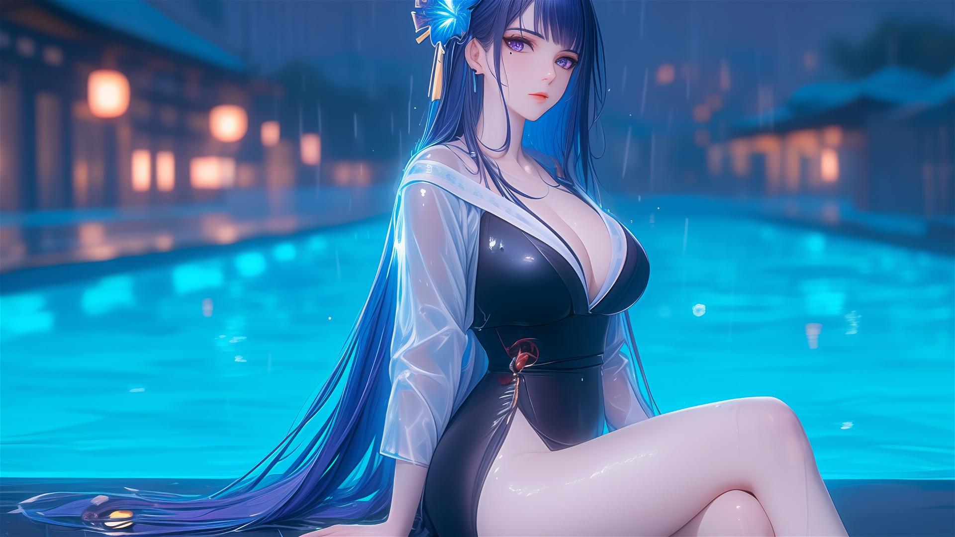 Raiden Shogun from Genshin Impact resting by a rainy pool under moonlight, with purple hair and eyes, and a flower in her hair.