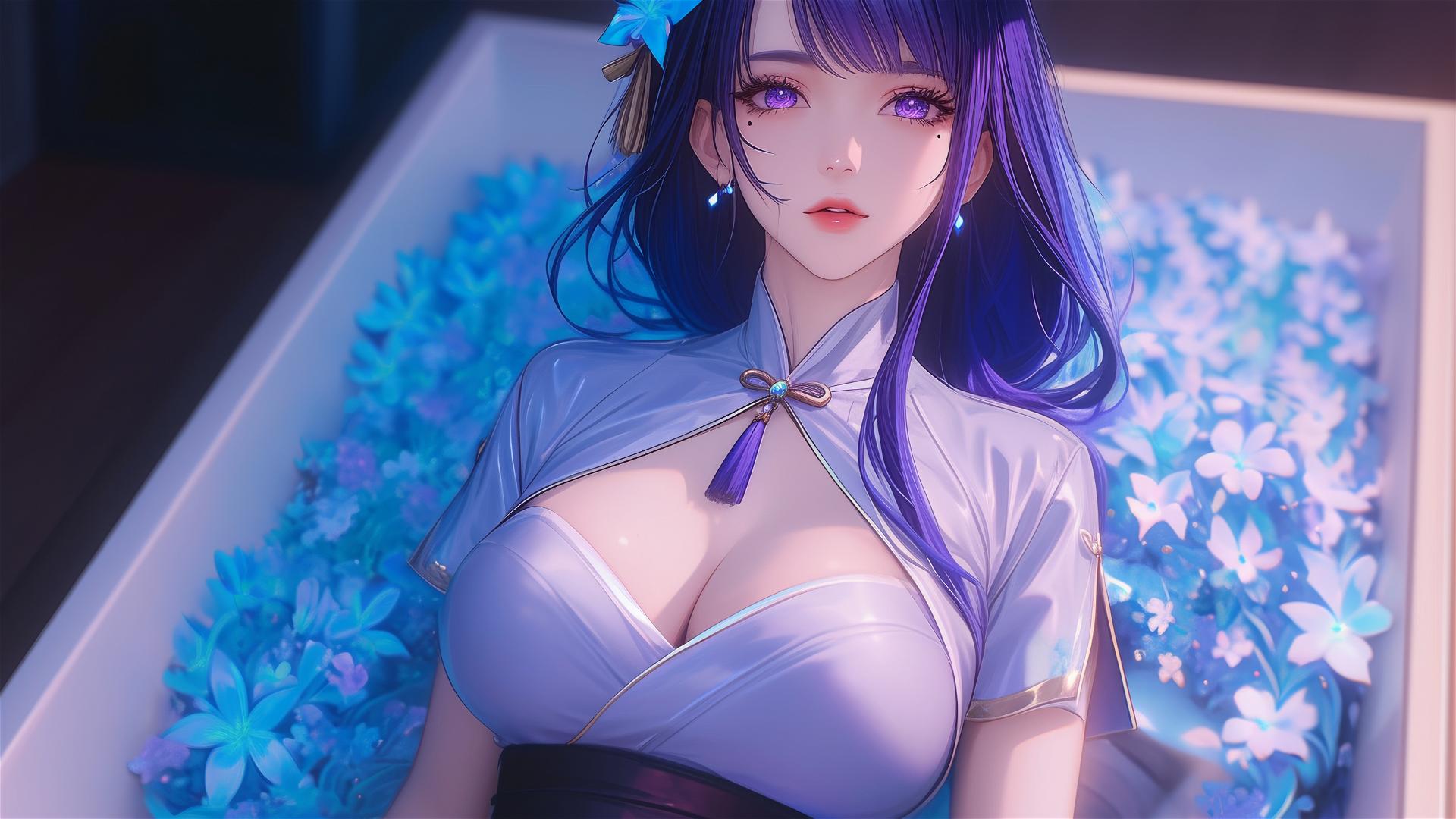 Top-down view of Raiden Shogun in a tub of flowers, purple hair and eyes.