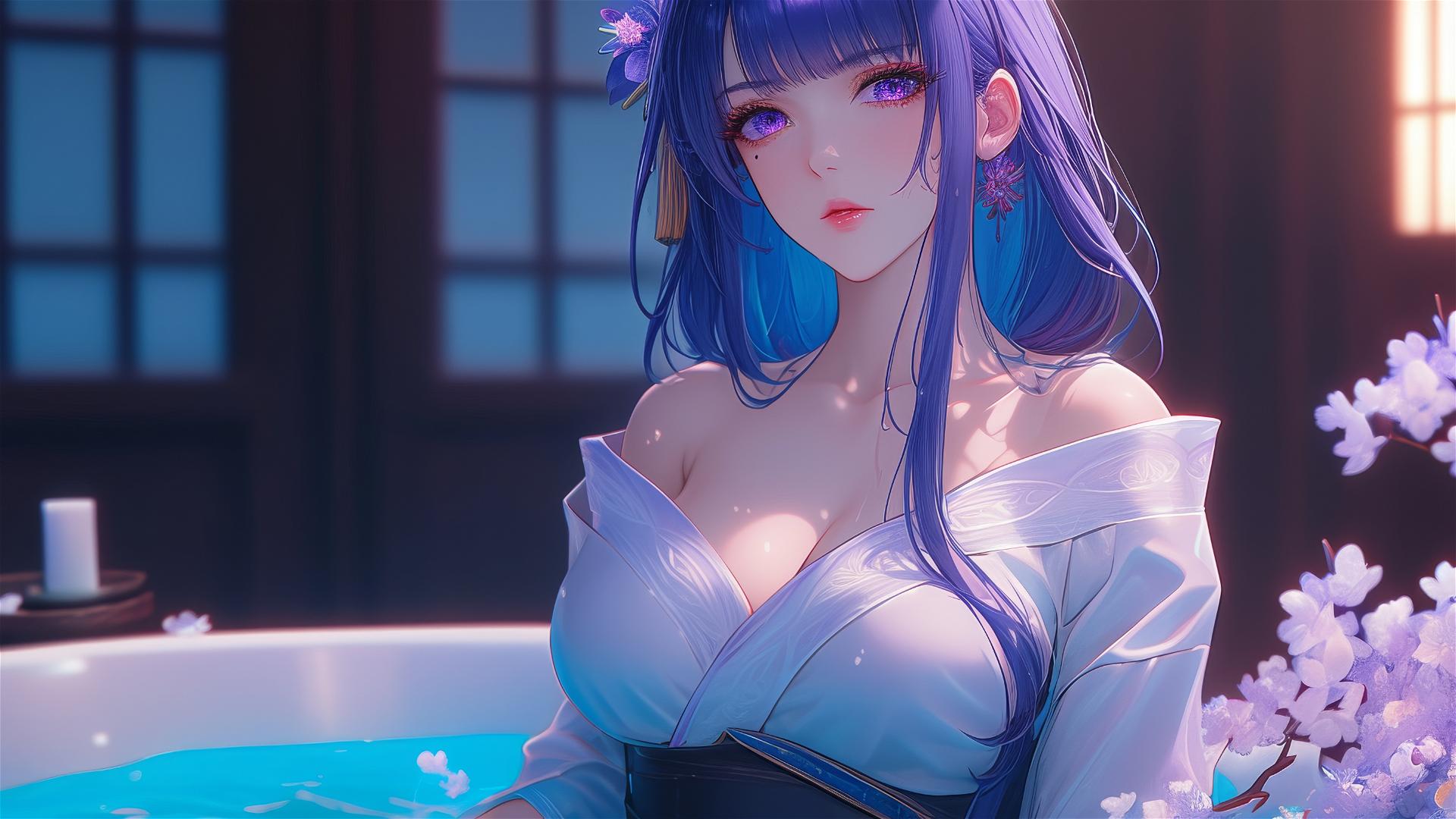 Raiden Shogun from Genshin Impact in a flower-filled tub at a Chinese spa
