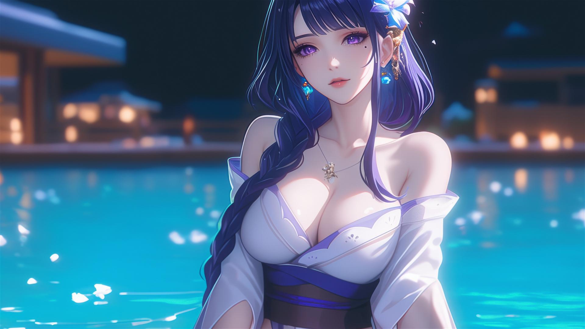 Raiden Shogun with purple hair and eyes, resting in a modern hotel under moonlight.