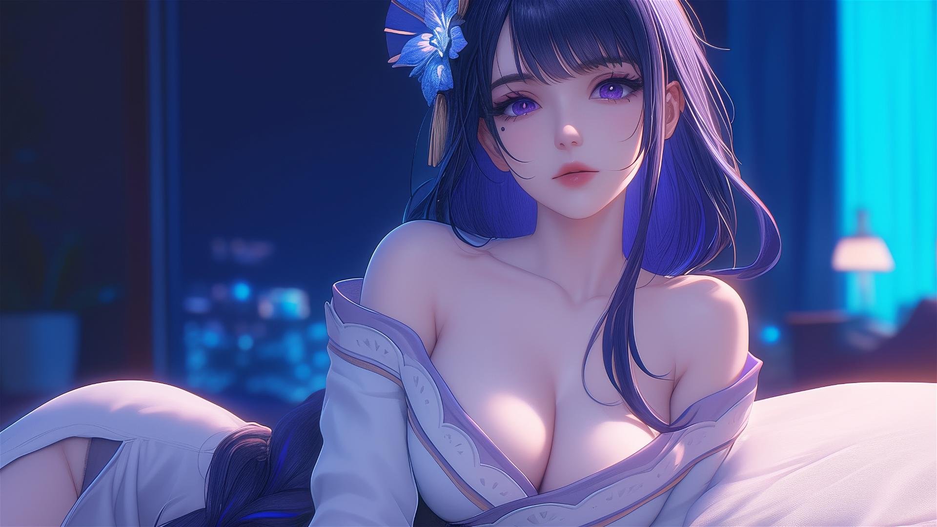 Raiden Shogun from Genshin Impact resting at a modern hotel under moonlight.