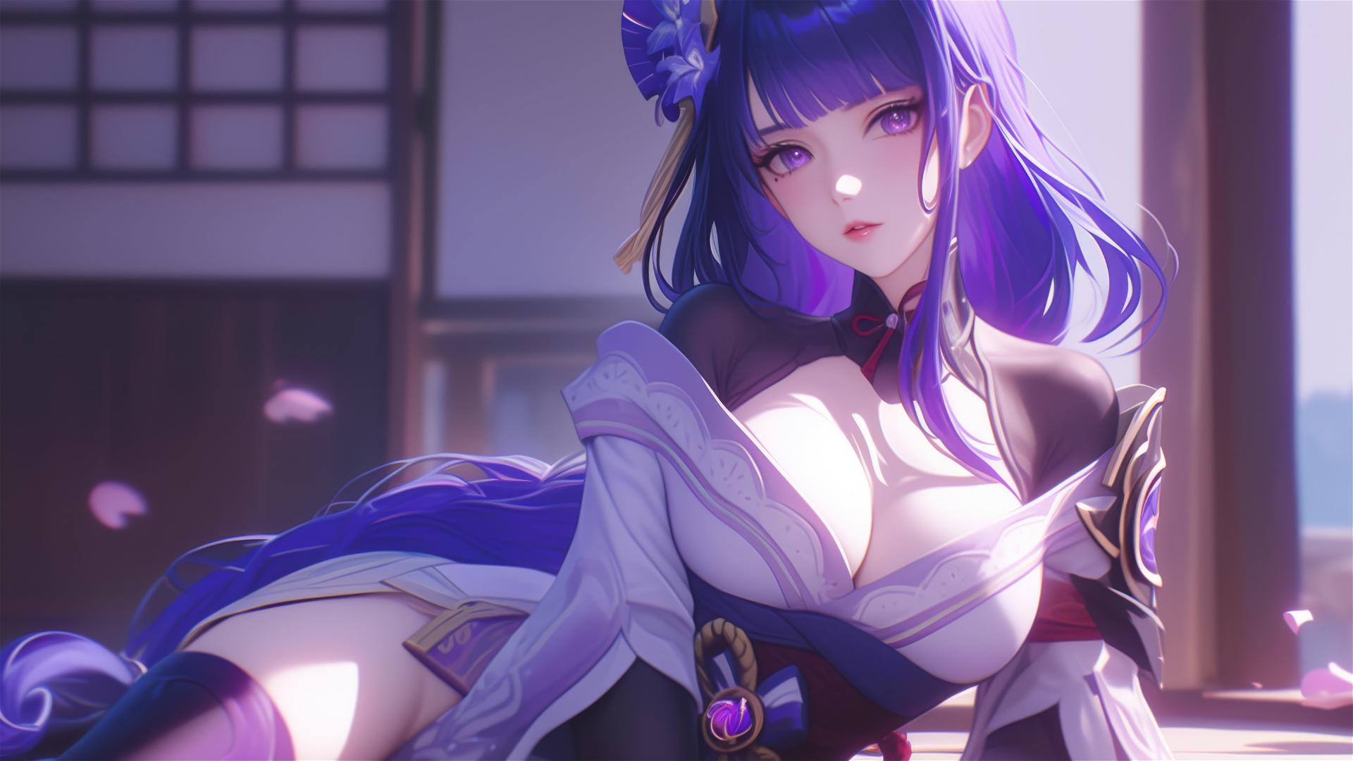 Raiden Shogun from Genshin Impact relaxing in a modern hotel with moonlight glow