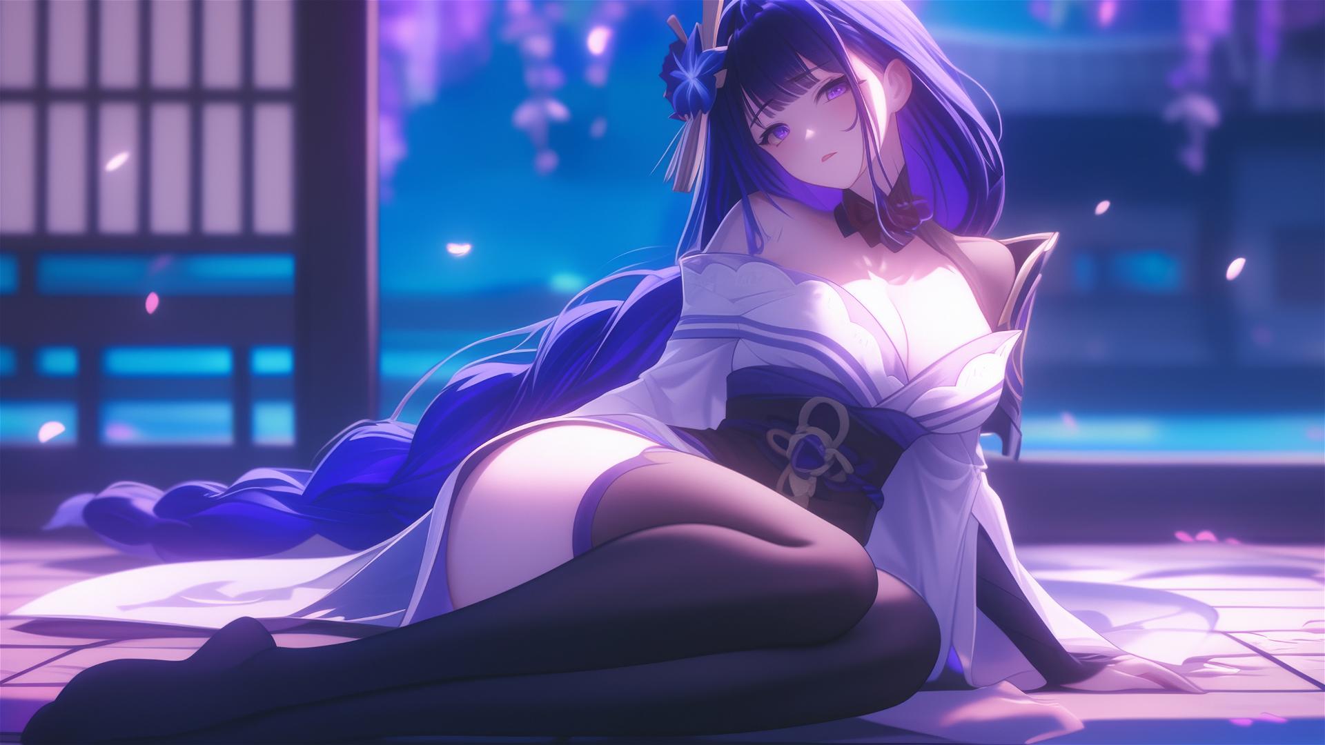 Raiden Shogun from Genshin Impact relaxing in a modern hotel under moonlight, with purple hair and eyes, and a flower on her head.