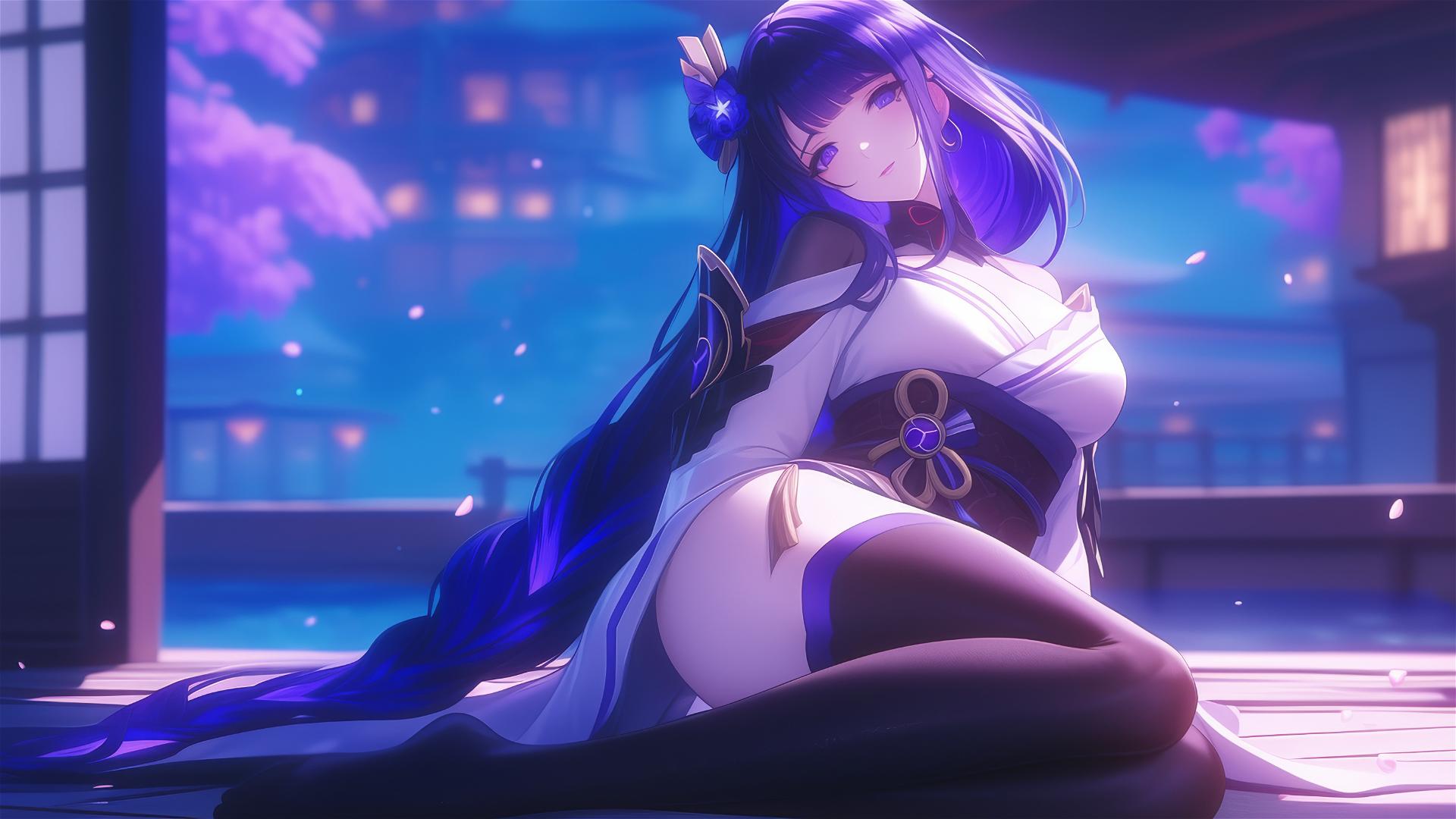 Raiden Shogun from Genshin Impact resting at modern hotel, moonlight casting a soft glow, purple hair and eyes, flower on head.