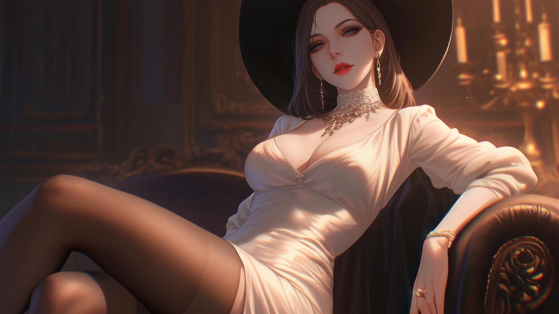 Lady Dimitrescu resting in a modern hotel room with moonlight glow