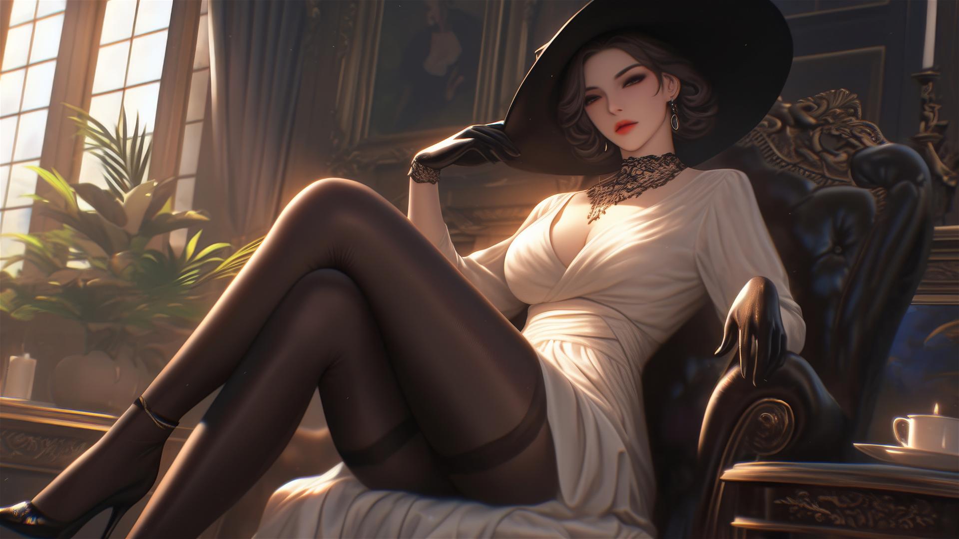 Lady Dimitrescu from Resident Evil resting at modern hotel room with moonlight glow, pale skin, gothic horror