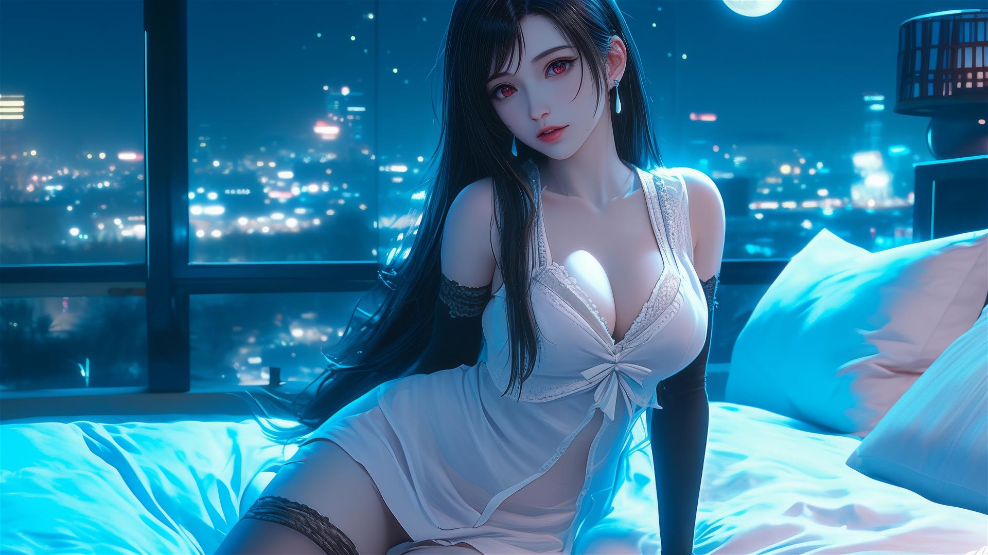 Tifa Lockhart in white pajamas resting in her room with moonlight glow