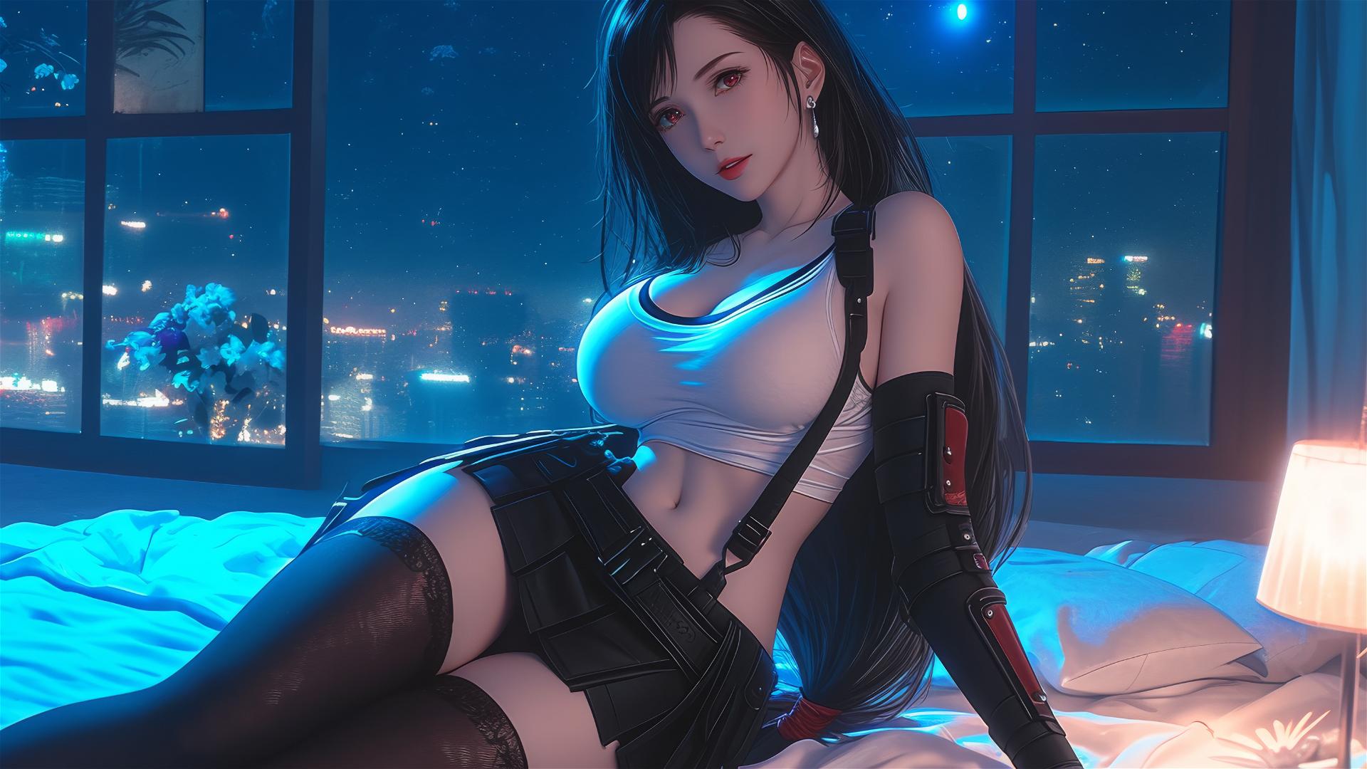Tifa Lockhart from Final Fantasy resting in her room under moonlight