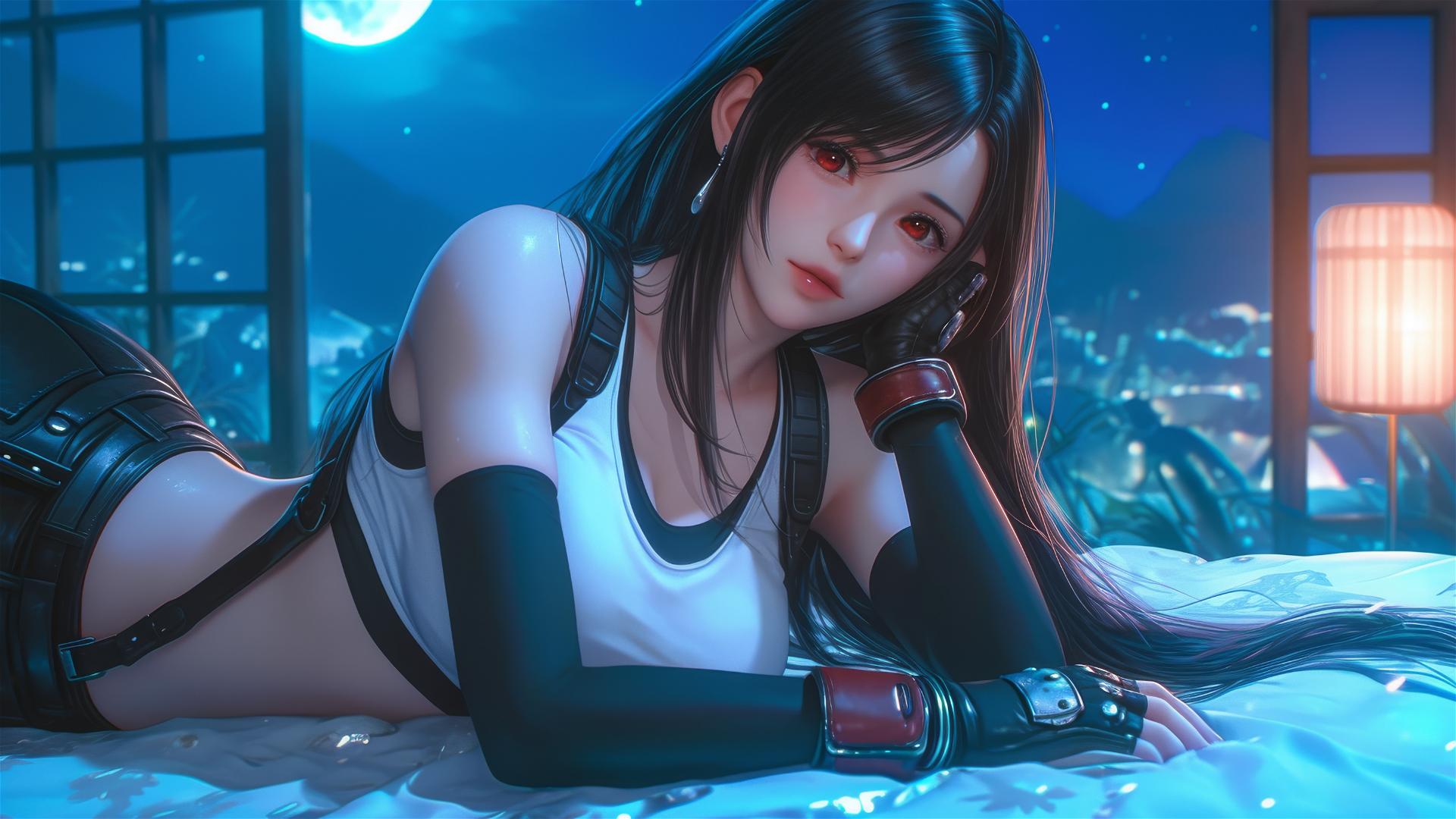 Tifa Lockhart resting in her room under moonlight