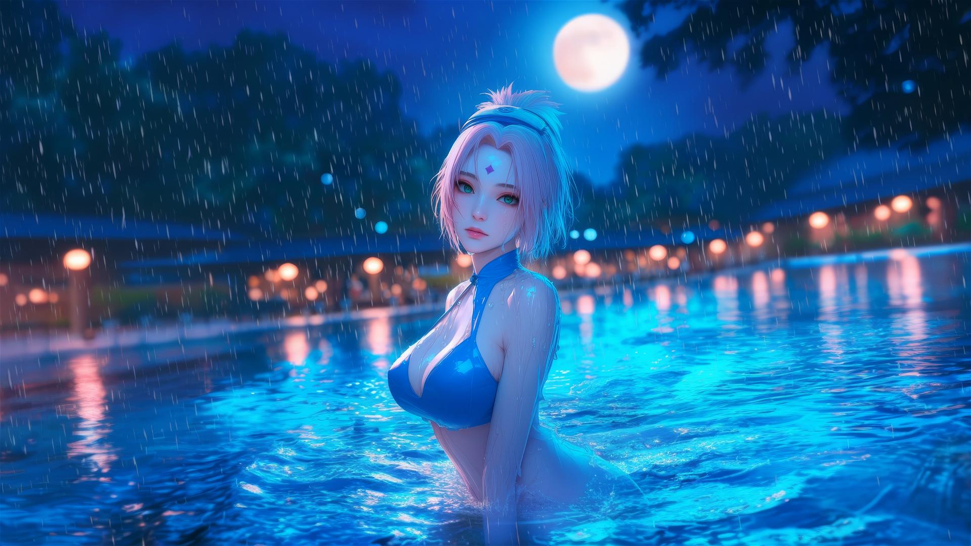 Haruno Sakura from Naruto standing in a rainy pool with moonlight casting a glow.