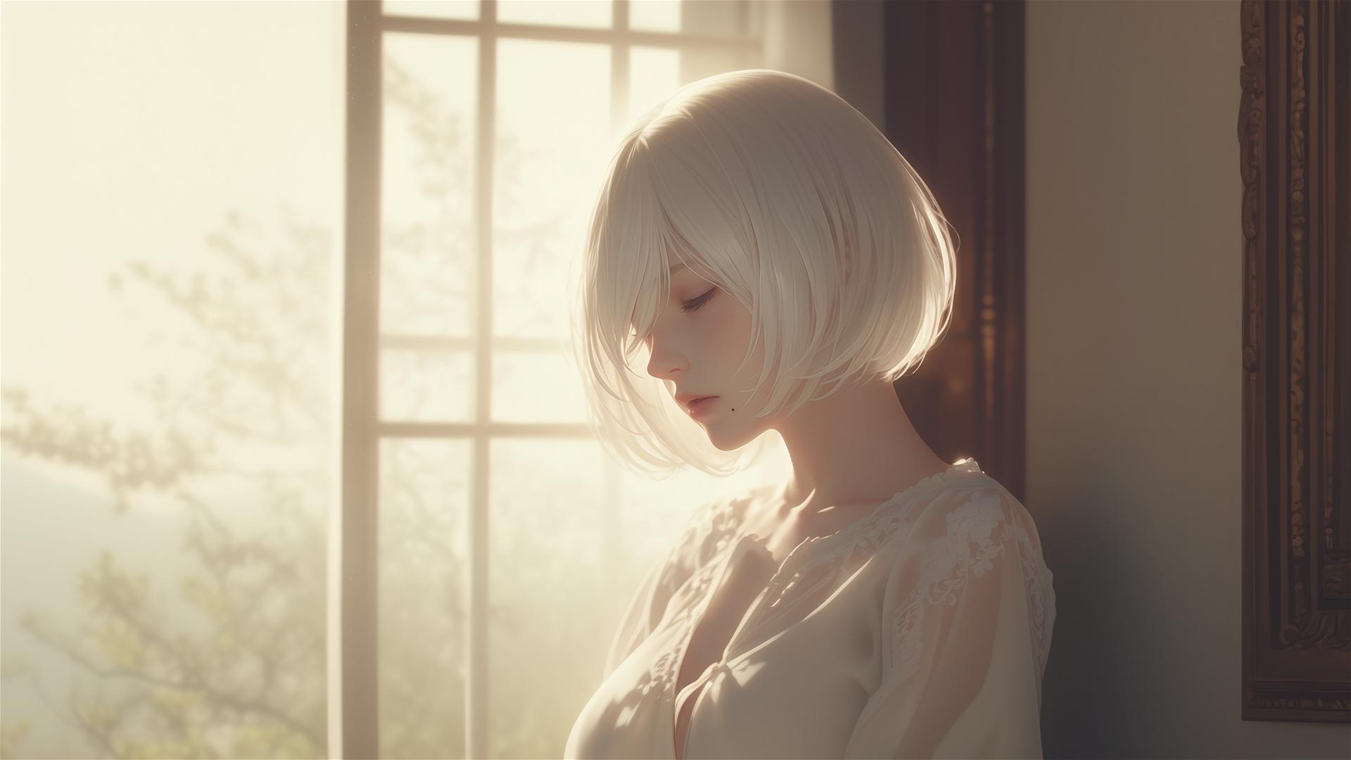 2B from Nier in modern silk pajamas by a sunlit window