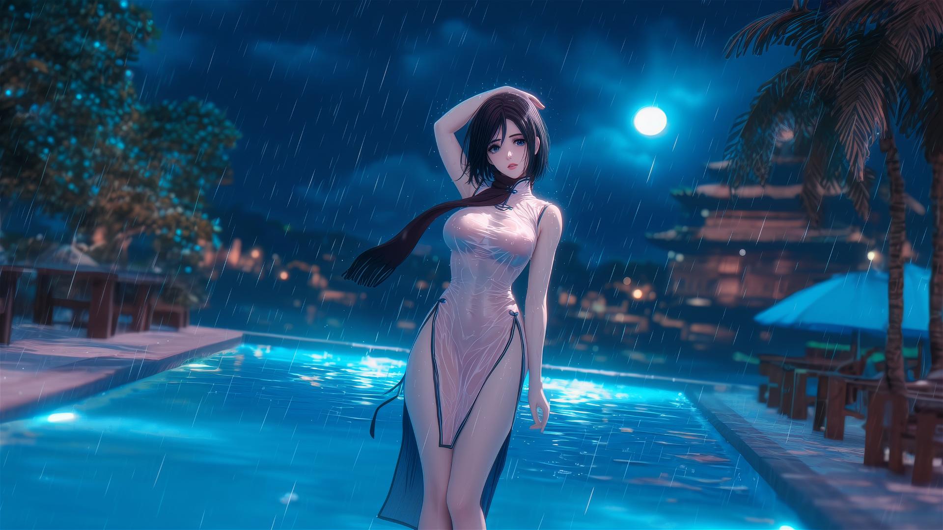 Mikasa Ackerman standing in rainy swimming pool under moonlight wearing pink dress