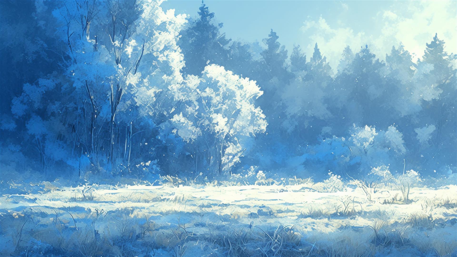 Frost-covered forest clearing under early morning blue light