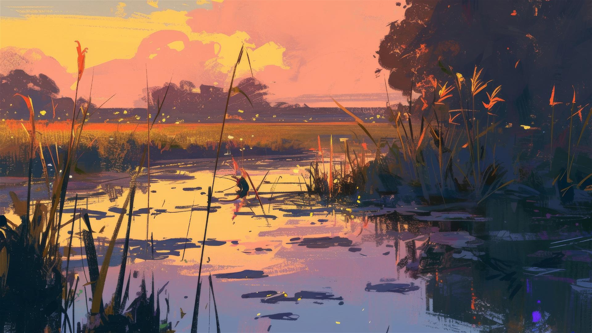 Wetlands at sunset with pink and orange reflections, swaying reeds