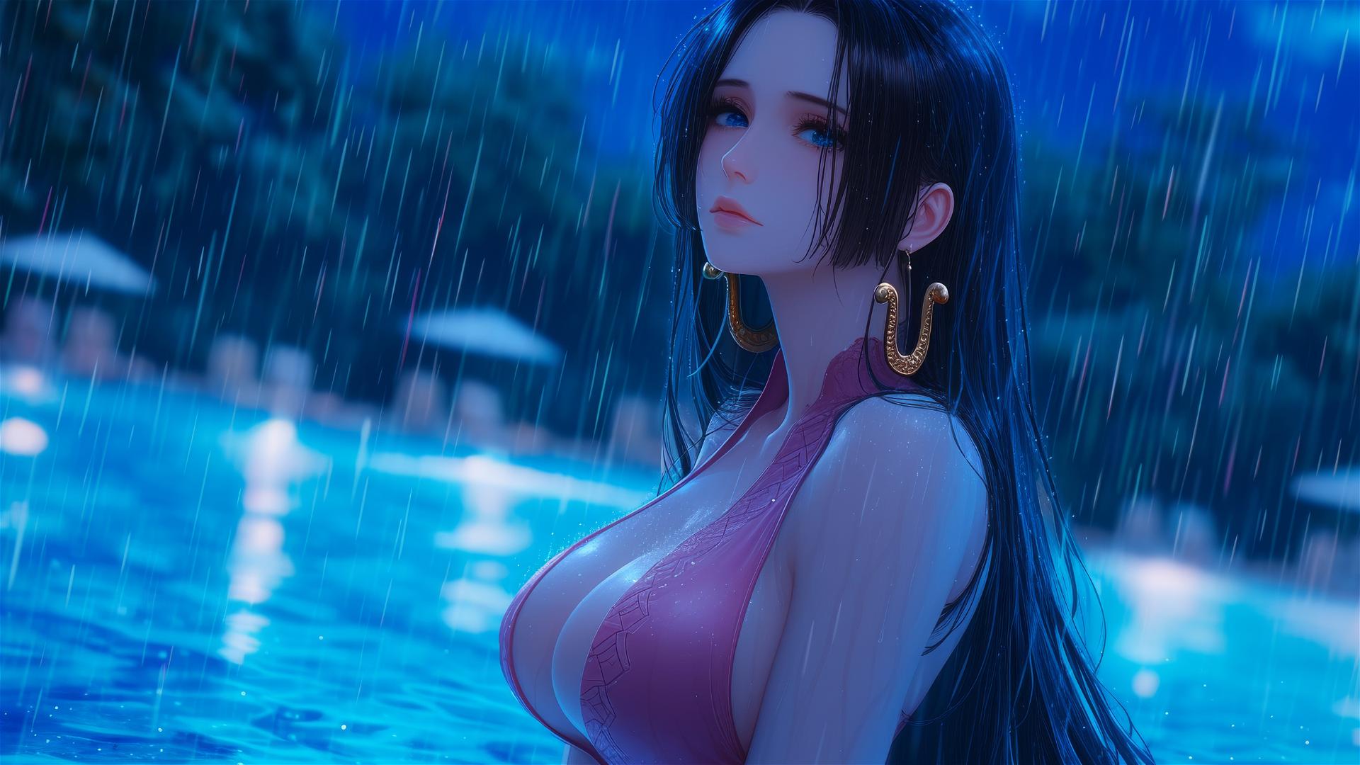Boa Hancock in a pink dress resting by a rainy swimming pool with moonlight glow