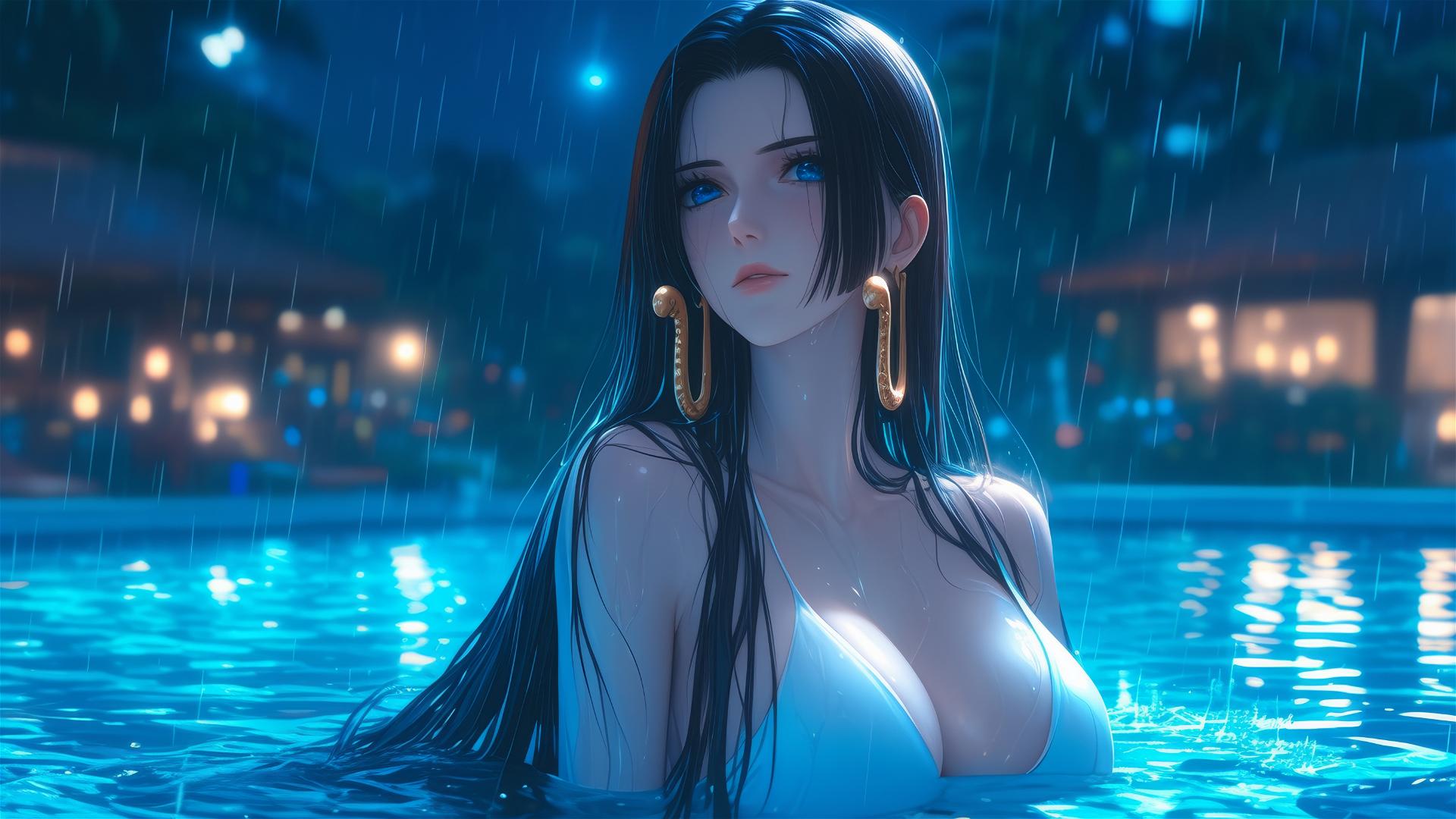 Boa Hancock from One Piece resting by rainy pool under moonlight