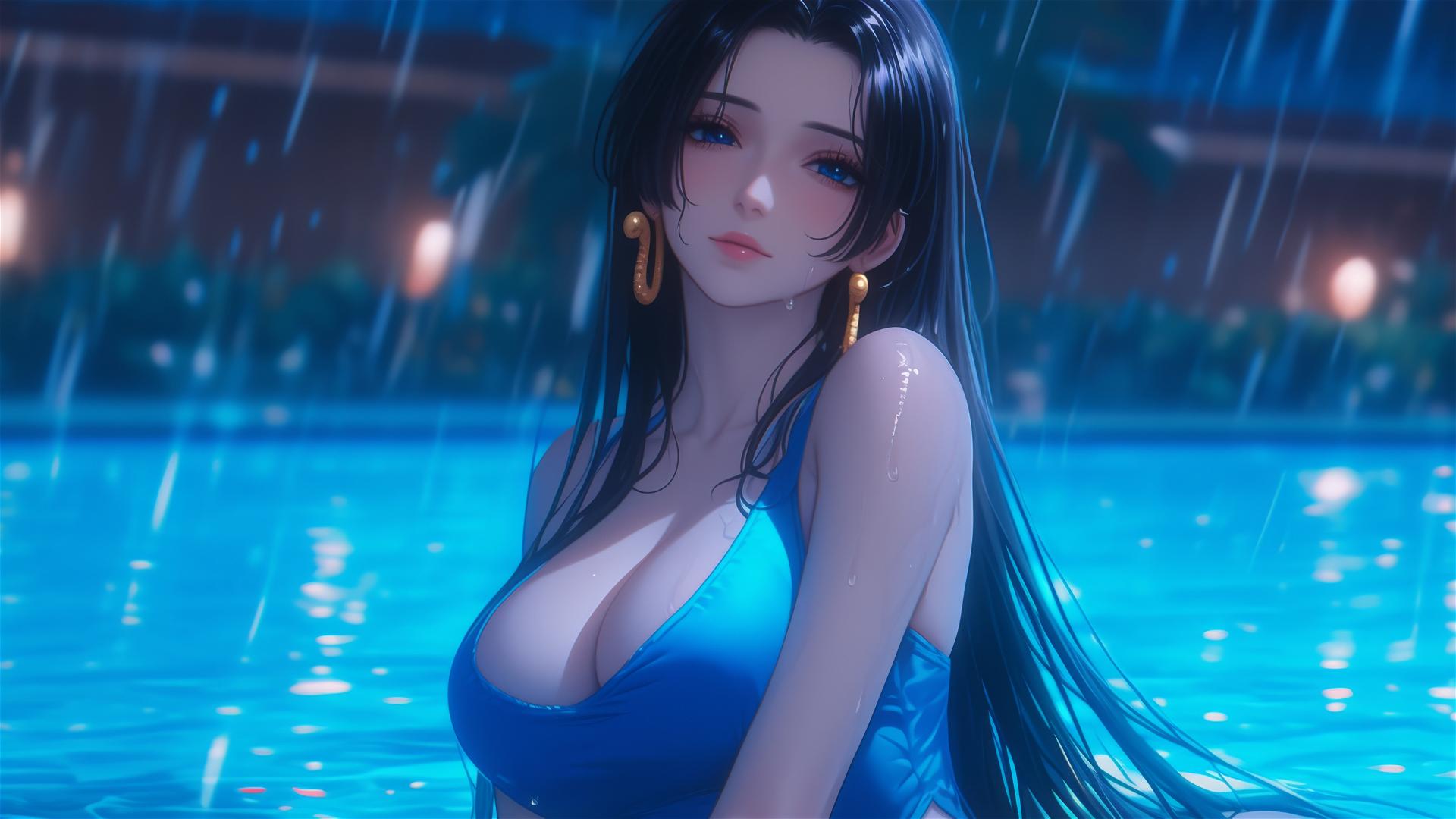 Boa Hancock resting by a rainy pool under moonlight