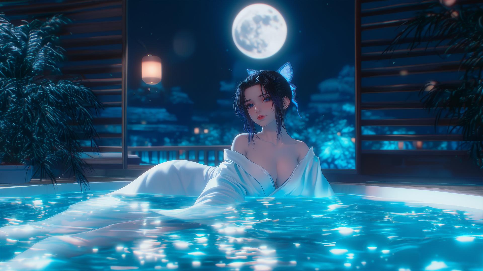 Shinobu Kocho from Demon Slayer relaxing in a tub under moonlight.
