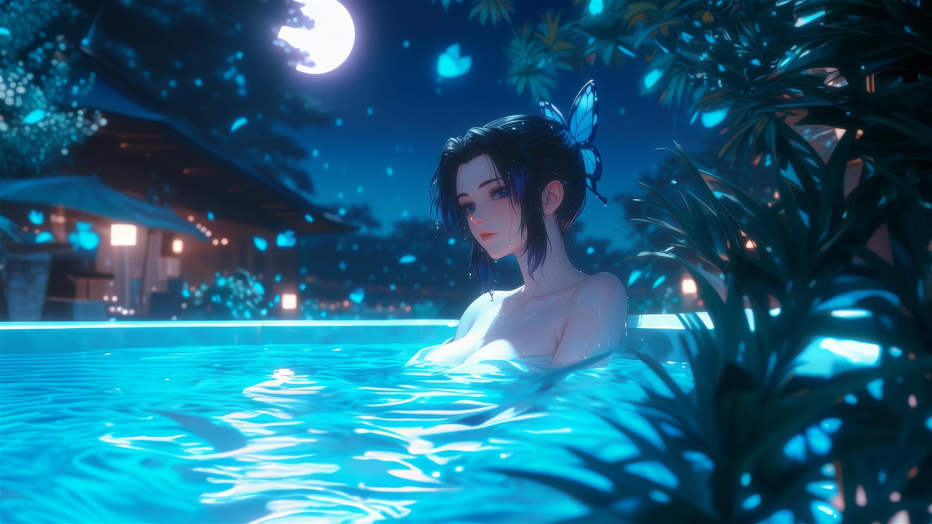 Shinobu Kocho from Demon Slayer resting in a tub under moonlight