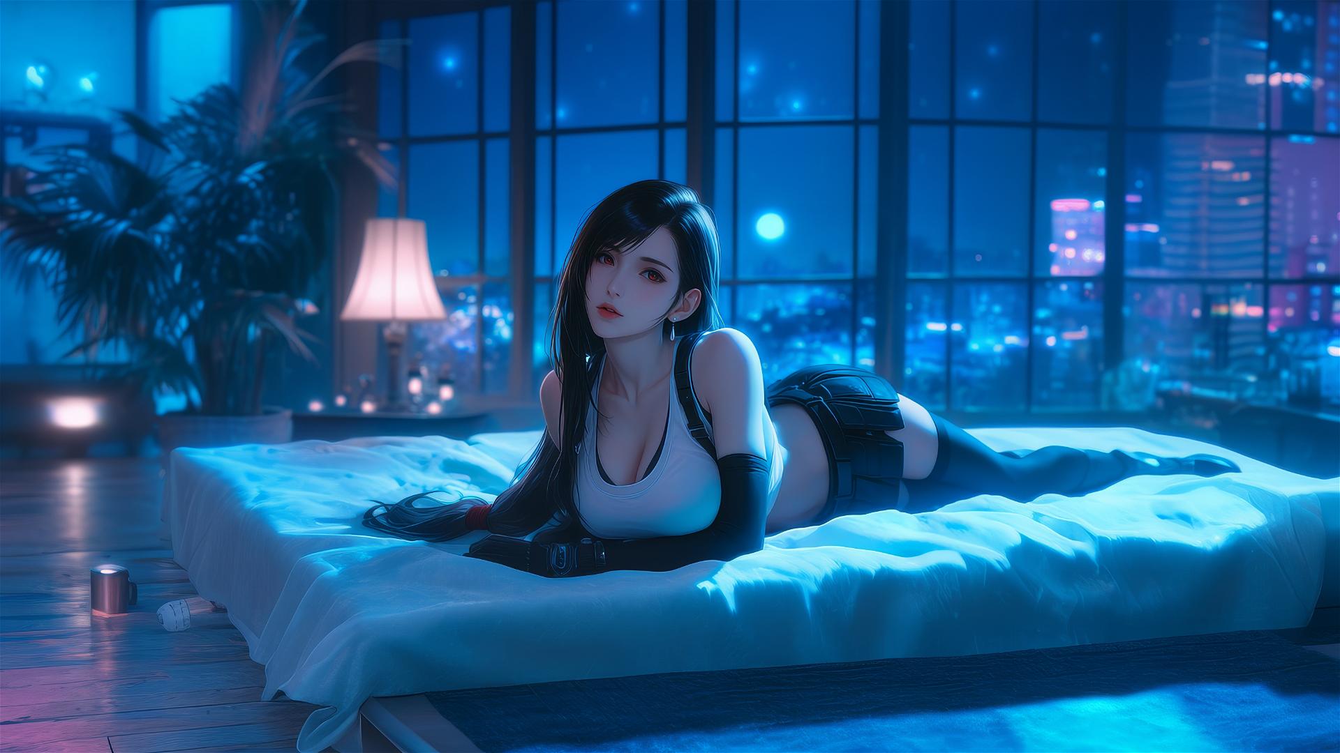 Tifa Lockhart resting in her room under moonlight