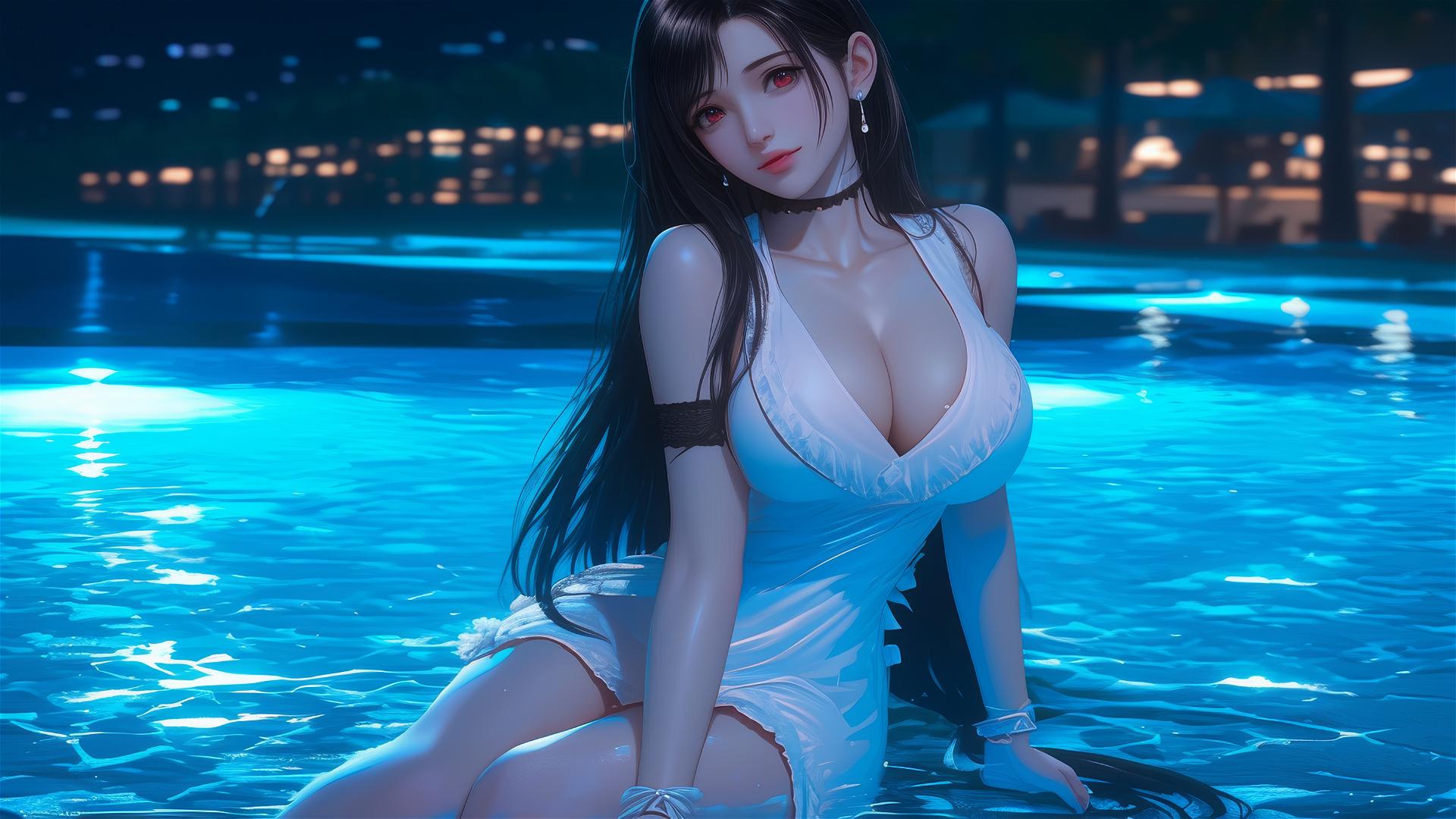 Tifa Lockhart in white silk pajamas relaxing by a swimming pool at moonlight
