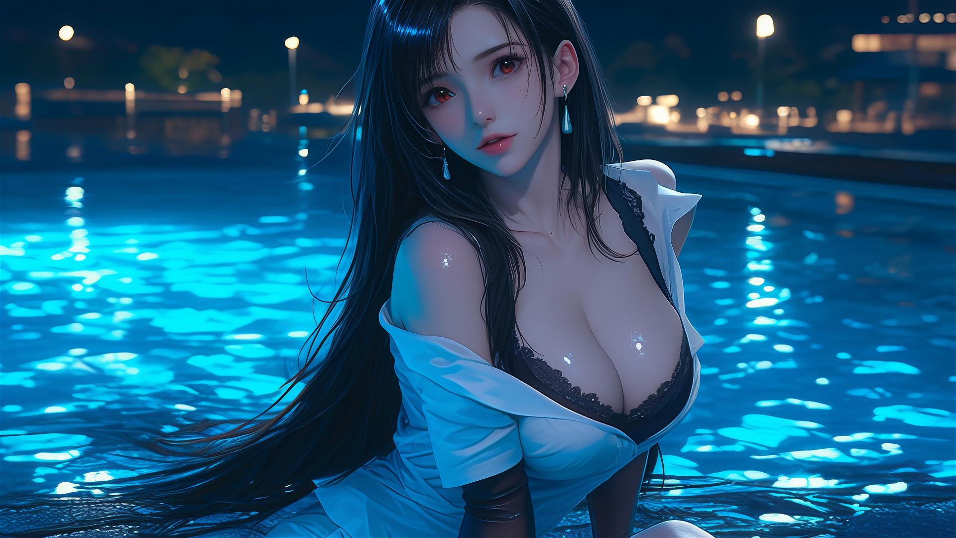 Tifa Lockhart in white silk pajamas resting by a moonlit pool