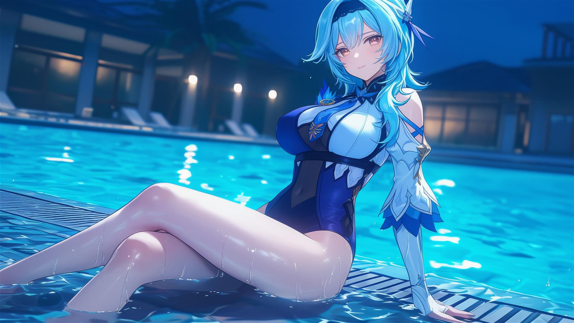 Eula Lawrence from Genshin Impact resting by a swimming pool under moonlight, light blue hair