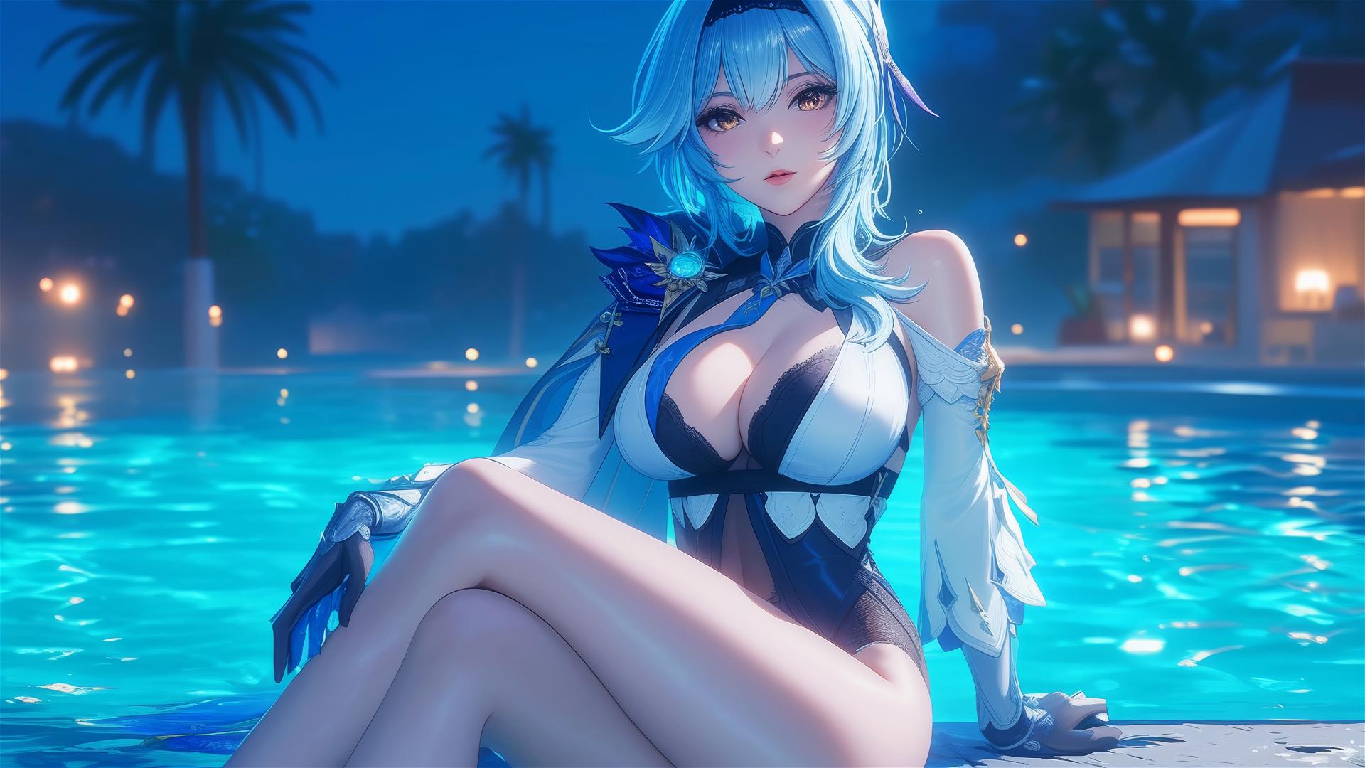 Eula Lawrence from Genshin Impact resting by a pool under moonlight