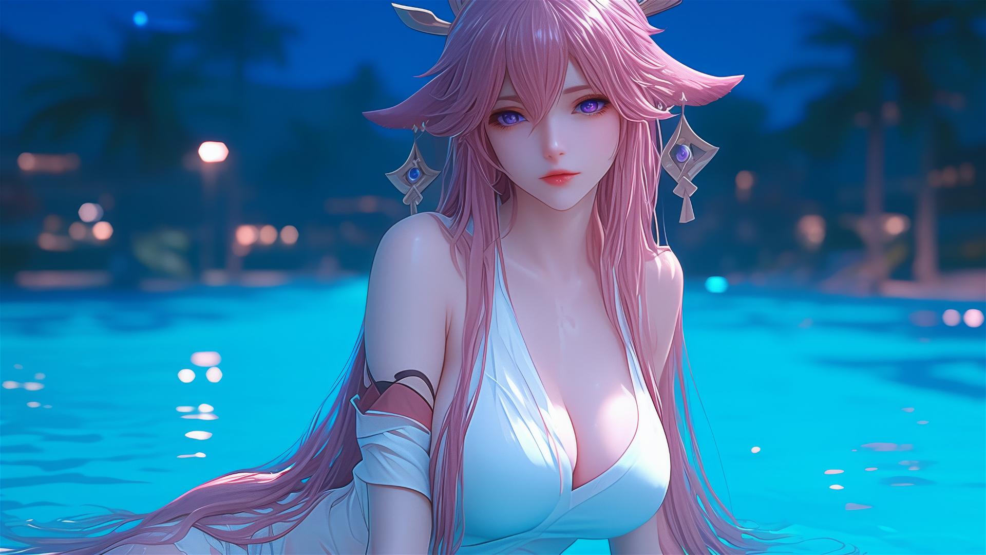 Yae Miko from Genshin Impact resting by a pool under moonlight.