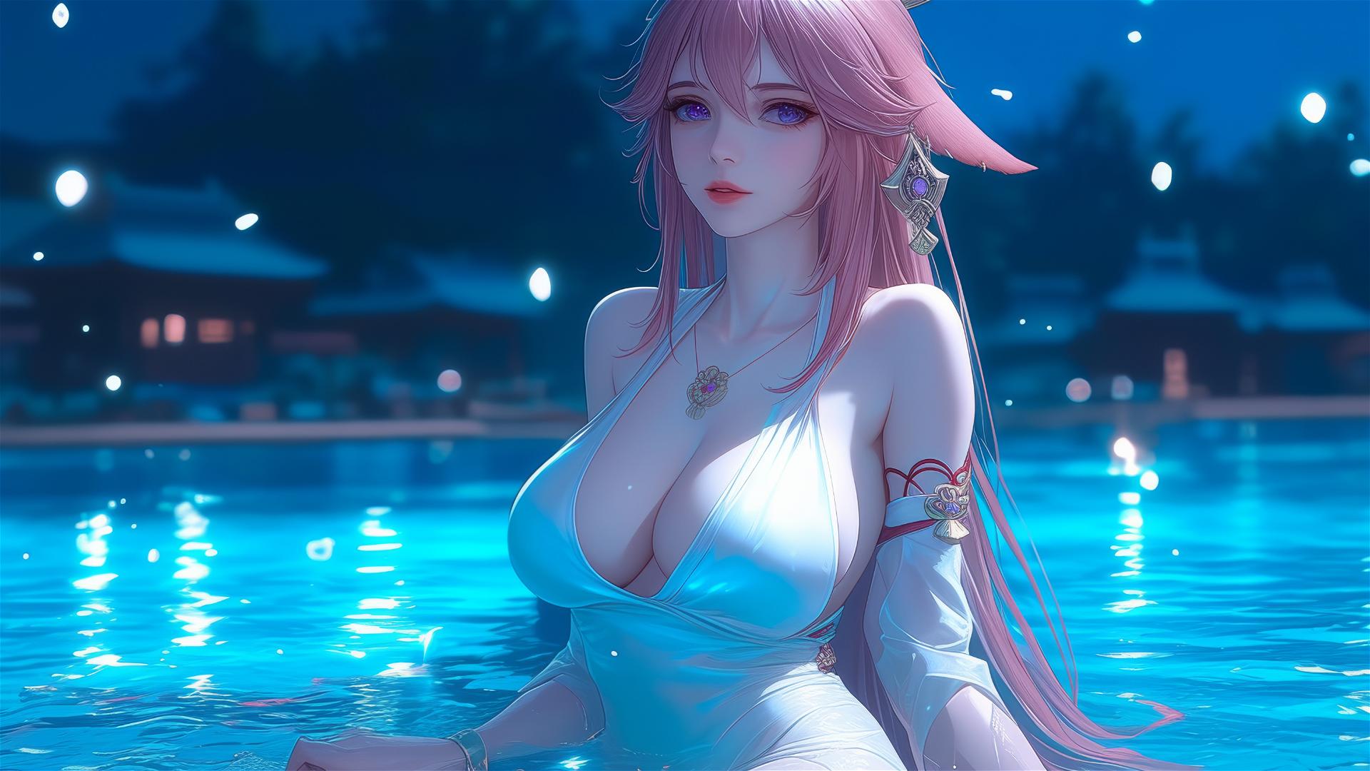 Yae Miko from Genshin Impact resting by a swimming pool under moonlight