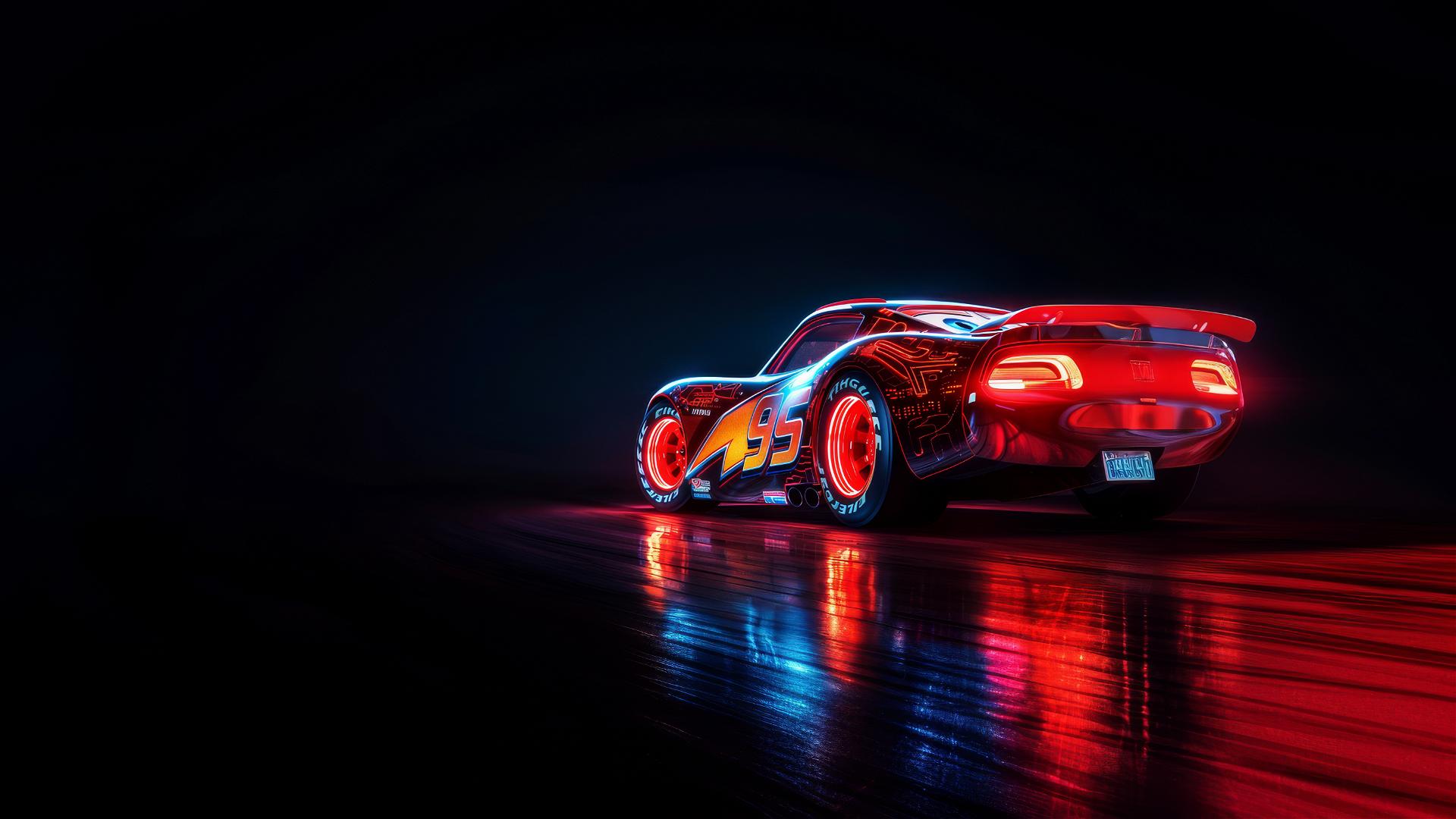 Rear close-up of Lightning McQueen from Harry Potter under spotlight, Pixar style