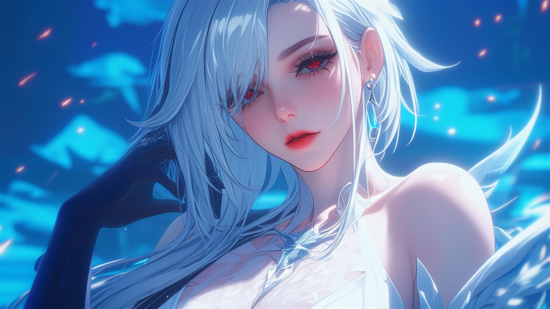 Arlecchino from Genshin Impact with snow white hair and a red-X pupil, resting by a pool under moonlight.