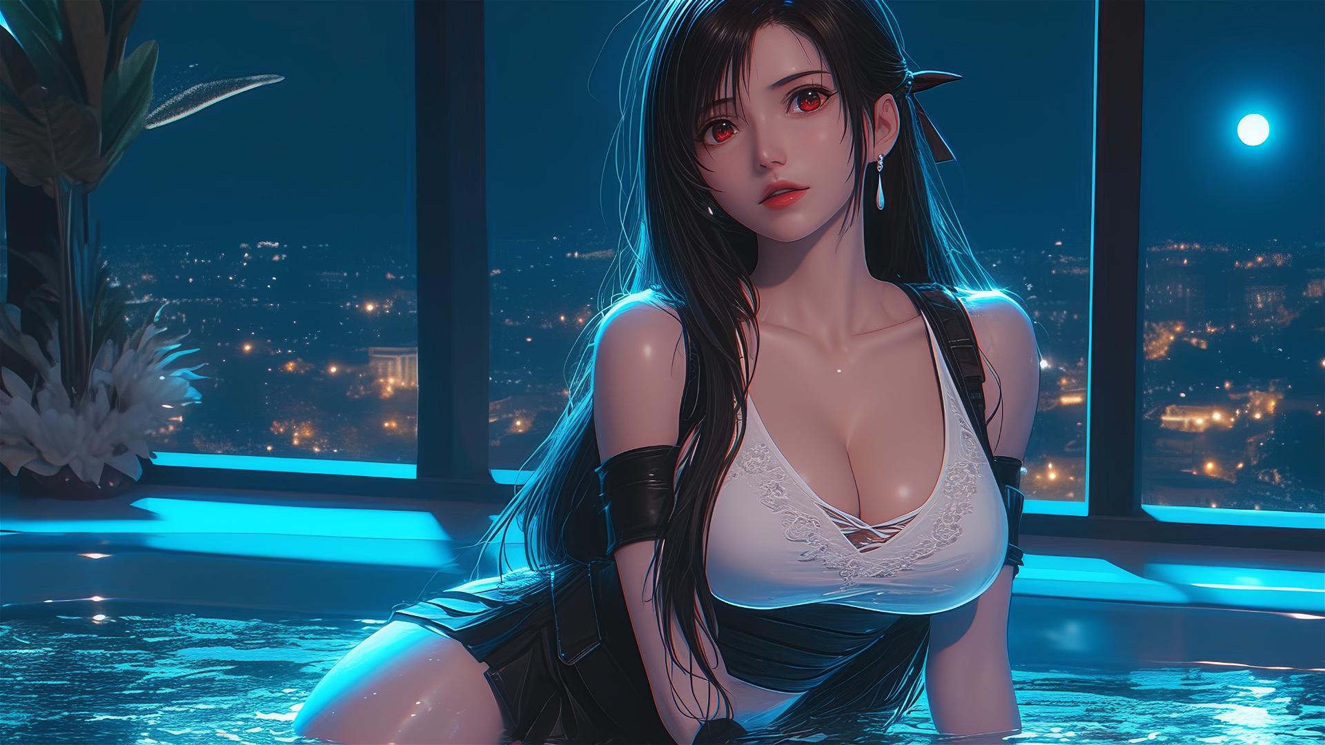 Tifa Lockhart resting in a tub with moonlight glow.