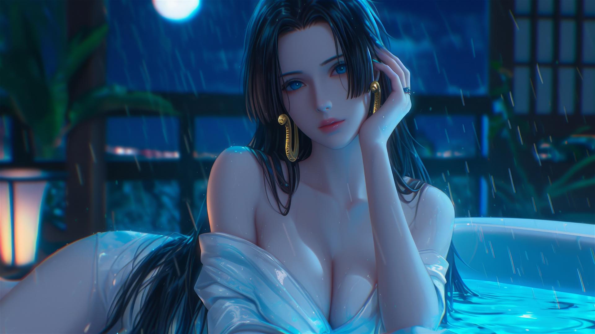 Boa Hancock from One Piece resting in a tub illuminated by moonlight.