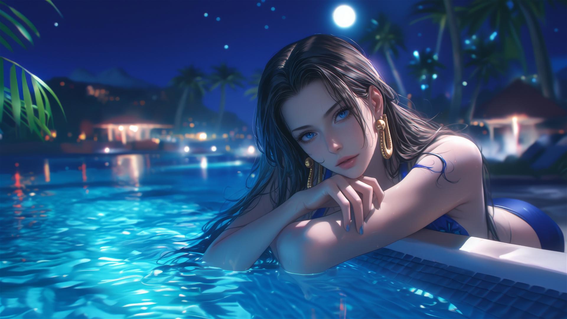 Boa Hancock resting by a swimming pool under moonlight