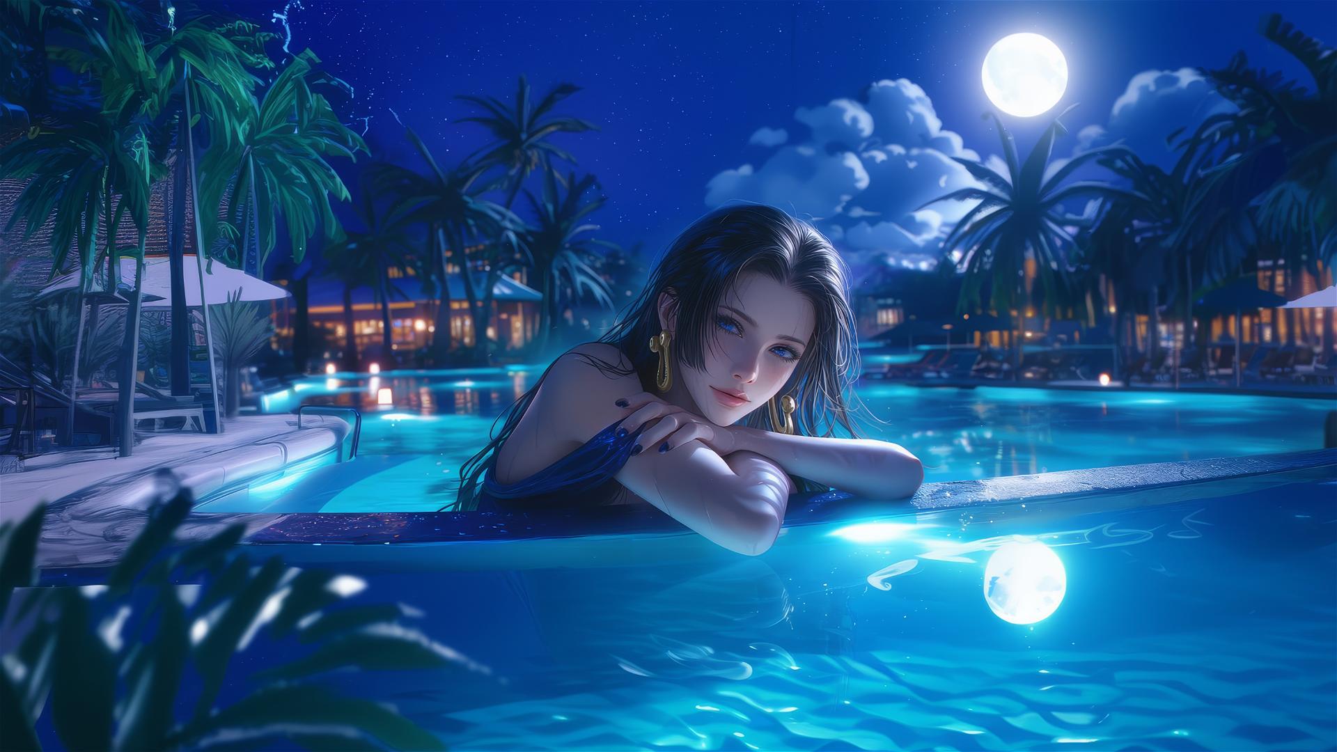 Boa Hancock resting by a pool under moonlight