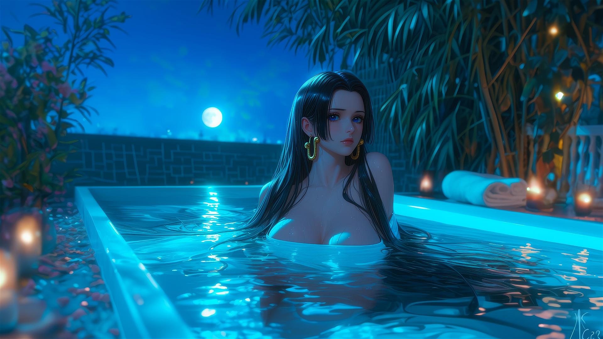 Boa Hancock from One Piece resting in a tub under moonlight.