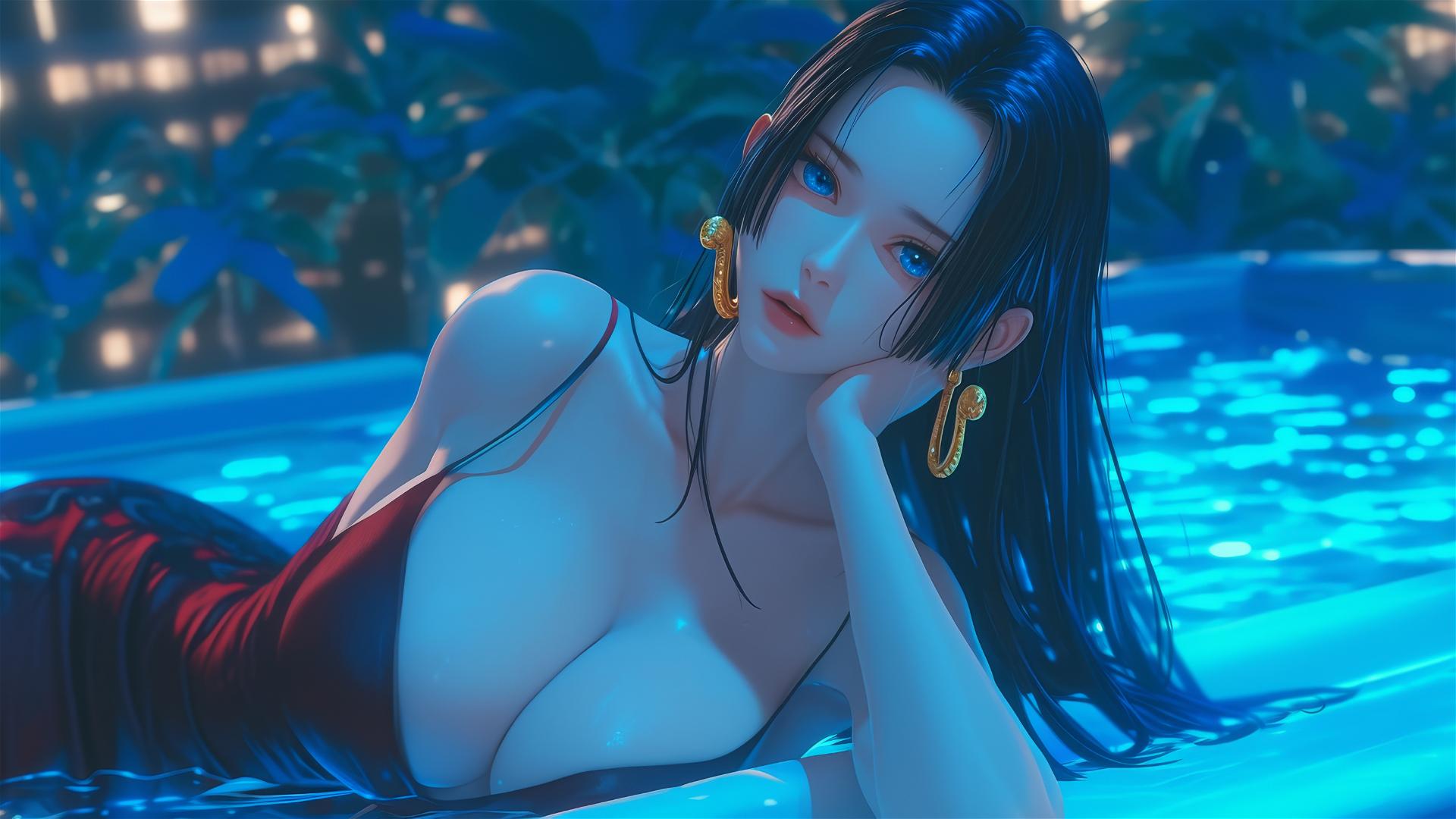 Boa Hancock from One Piece resting in a tub, illuminated by moonlight.
