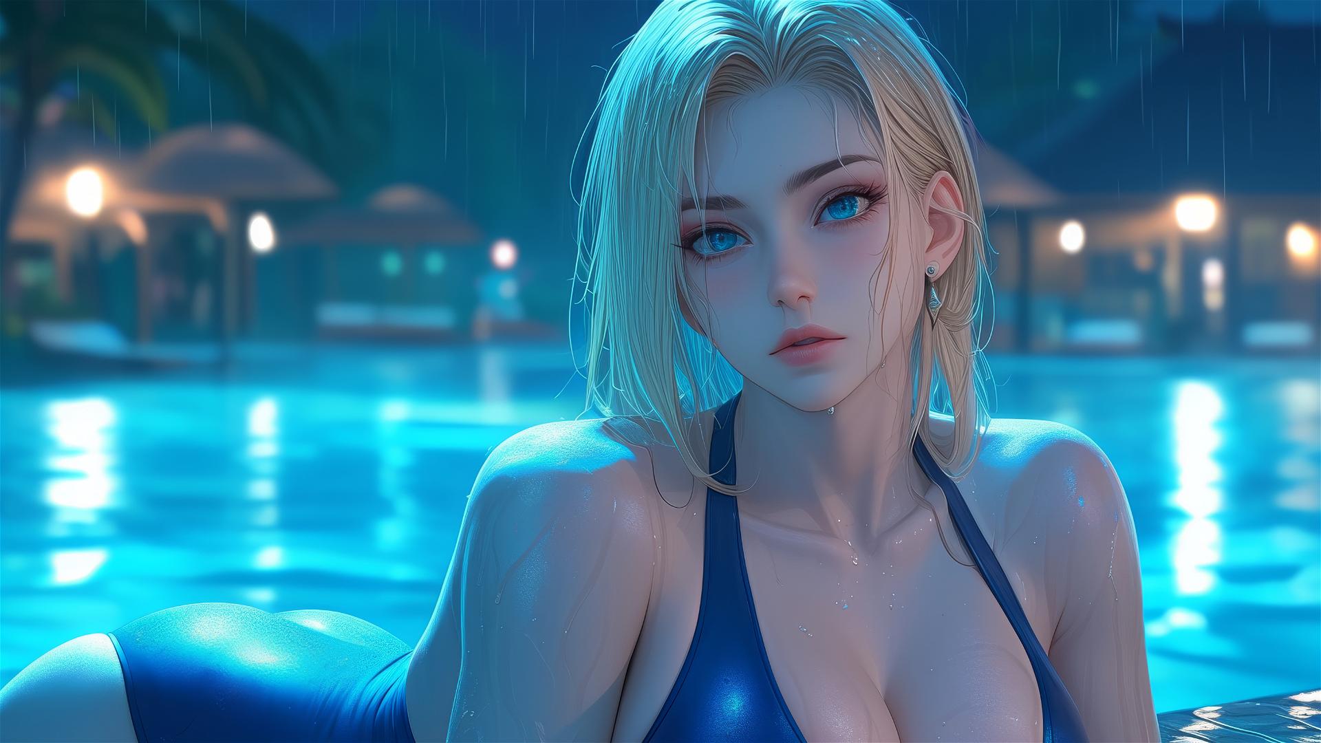 Android 18 resting by a rainy pool under moonlight.