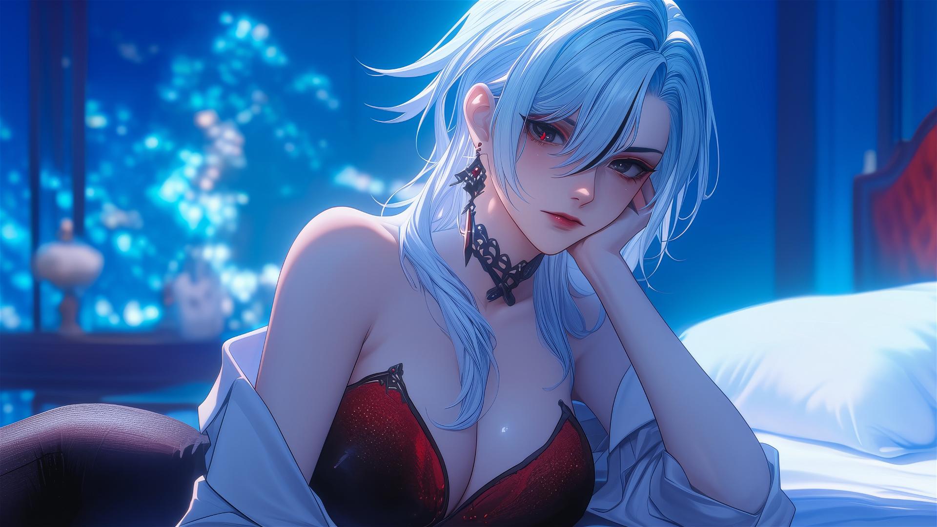 Arlecchino from Genshin Impact with snow white hair and black streaks, resting in a modern hotel room under moonlight.