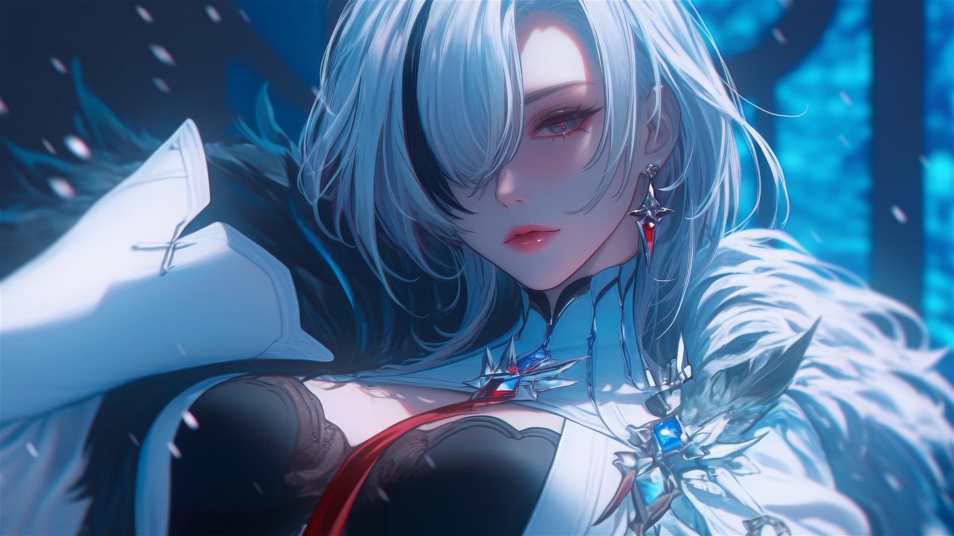 Arlecchino with snow white hair and red 'x'-shaped pupils resting in a hotel room with moonlight