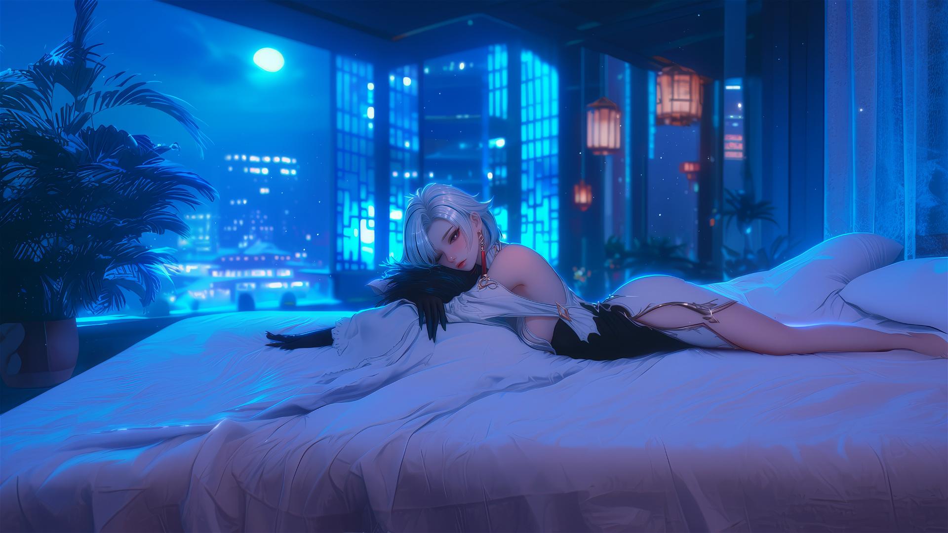 Arlecchino from Genshin Impact with white hair and black streaks, resting in a modern hotel room illuminated by moonlight.
