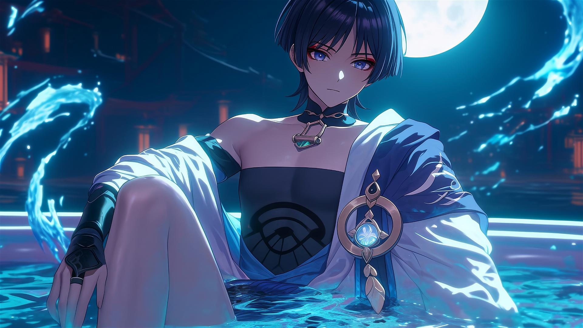 Scaramouche from Genshin Impact resting in a moonlit tub, slender with short indigo hair.
